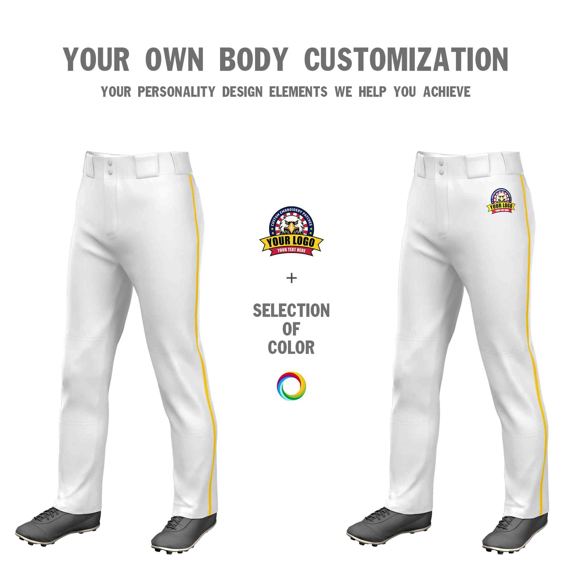 Custom White Gold Classic Fit Stretch Practice Loose-fit Baseball Pants