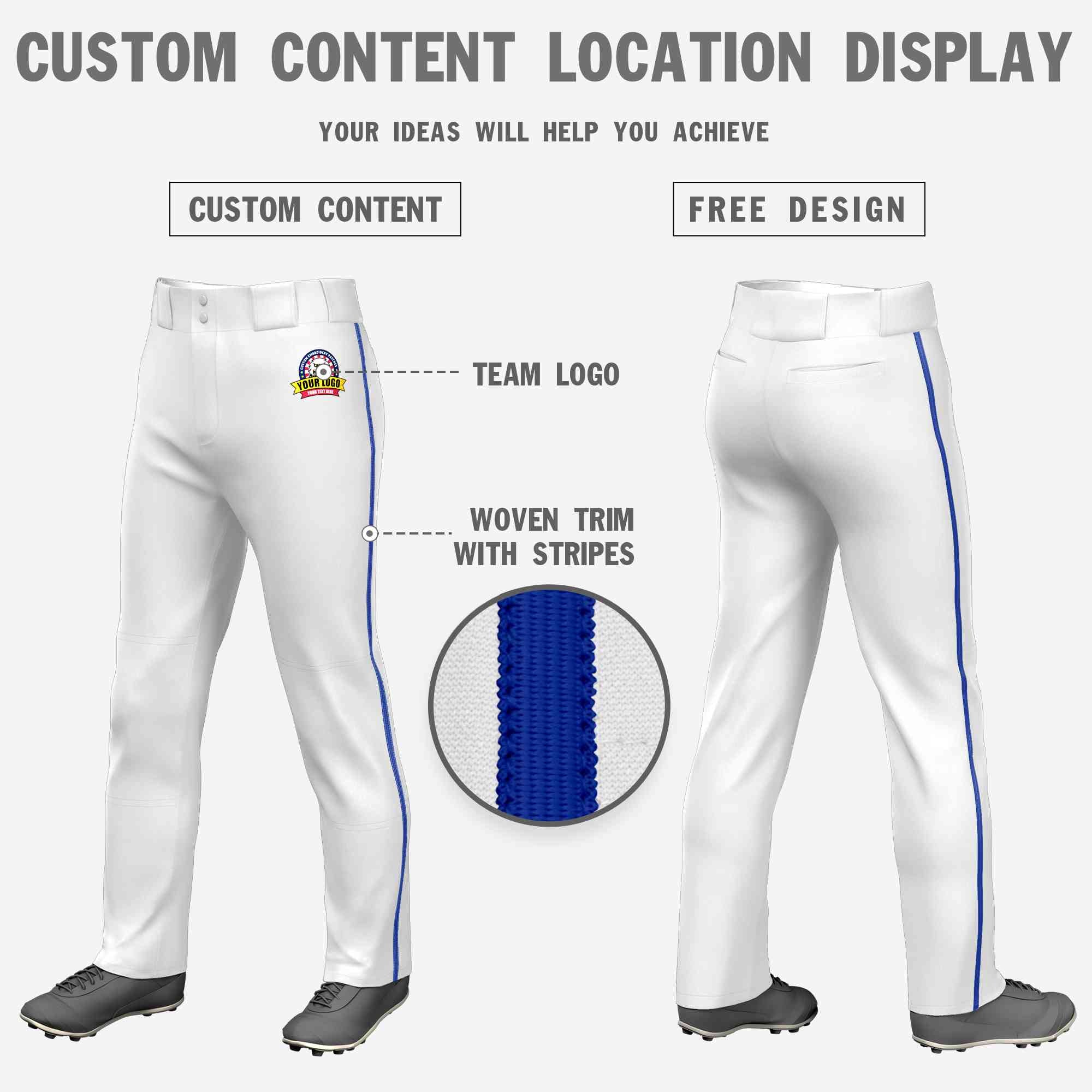 Custom White Royal Classic Fit Stretch Practice Loose-fit Baseball Pants