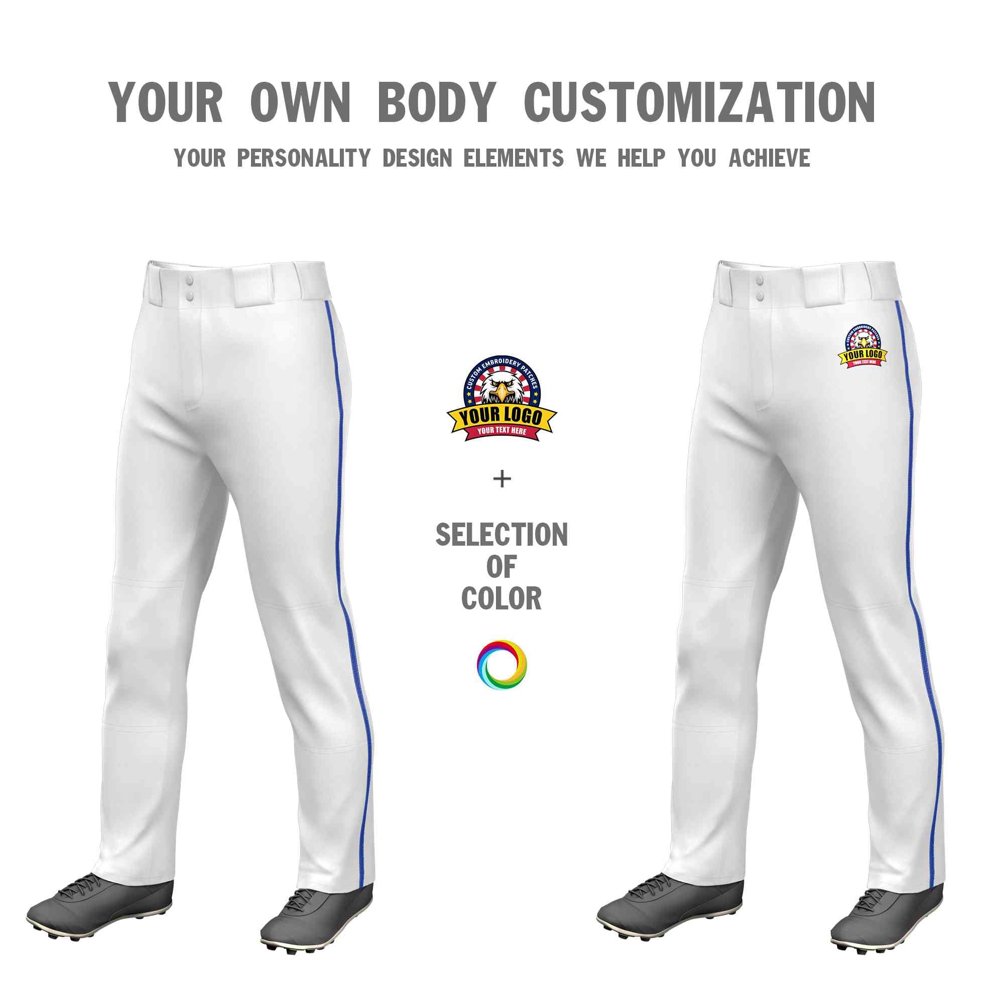 Custom White Royal Classic Fit Stretch Practice Loose-fit Baseball Pants