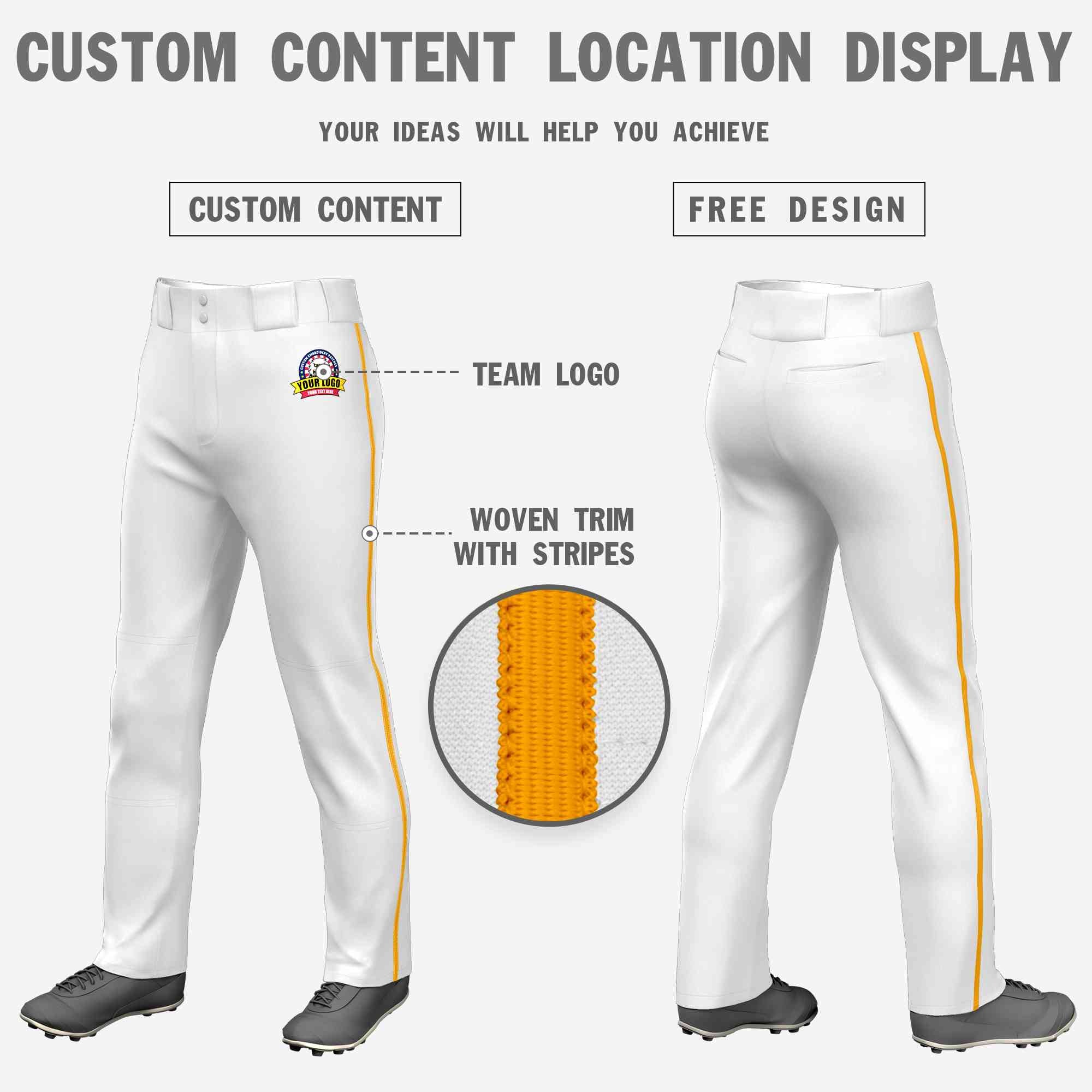 Custom White Yellow Classic Fit Stretch Practice Loose-fit Baseball Pants