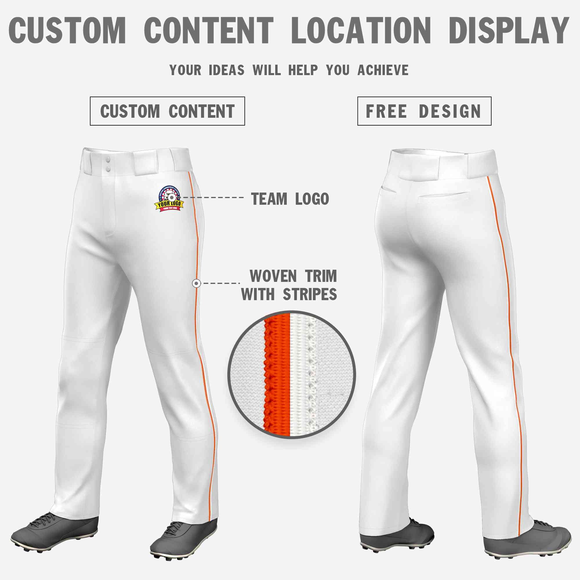 Custom White Orange-White Classic Fit Stretch Practice Loose-fit Baseball Pants