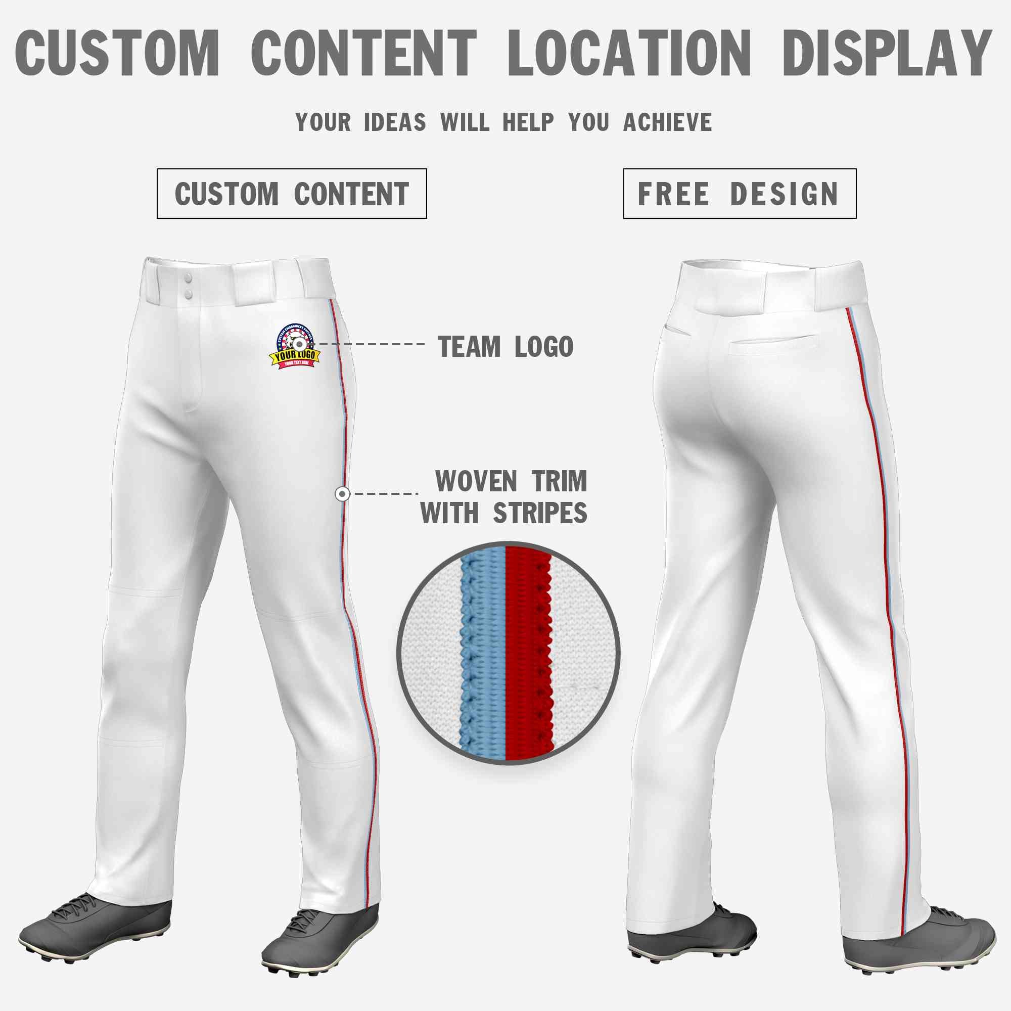 Custom White Light Blue-Red Classic Fit Stretch Practice Loose-fit Baseball Pants