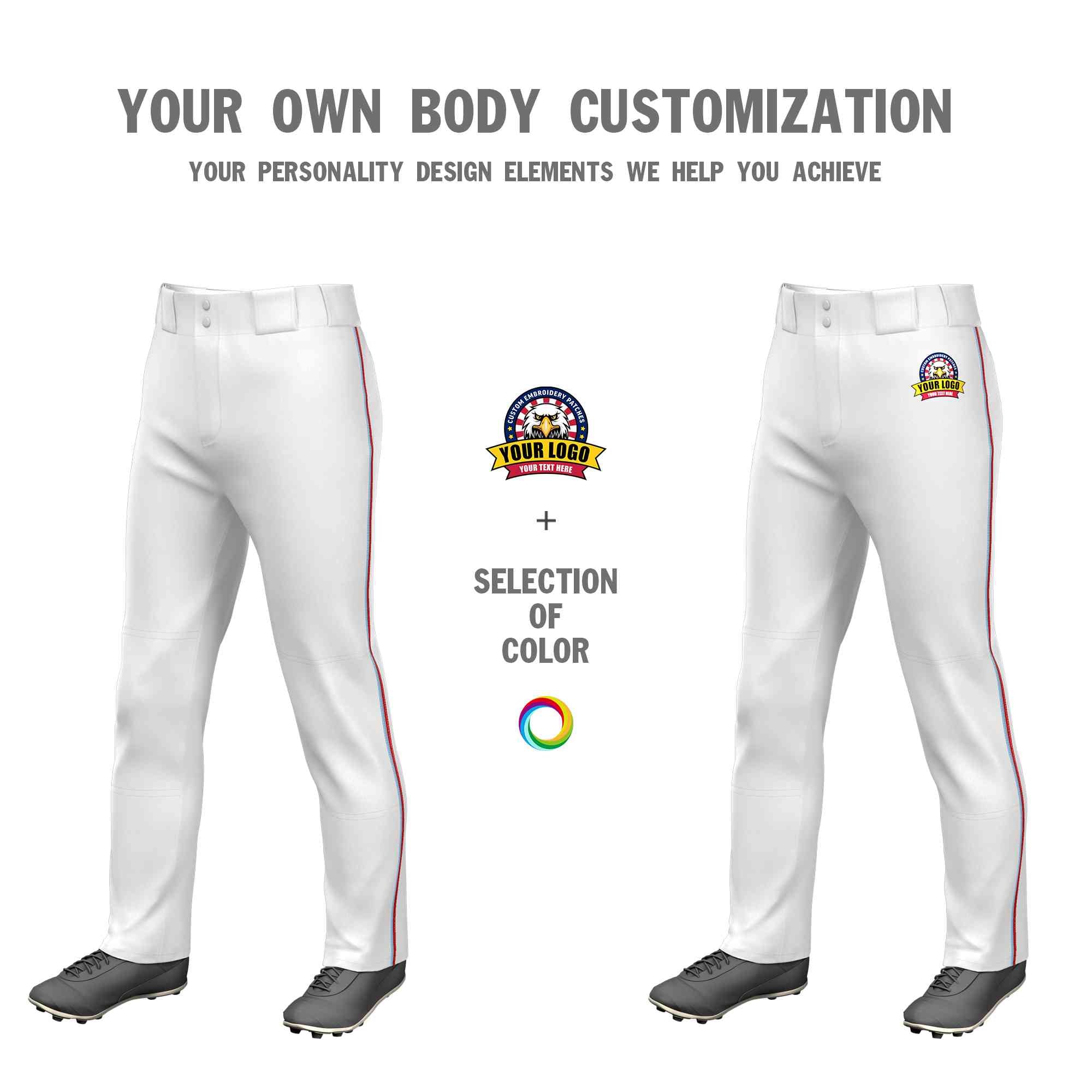 Custom White Light Blue-Red Classic Fit Stretch Practice Loose-fit Baseball Pants