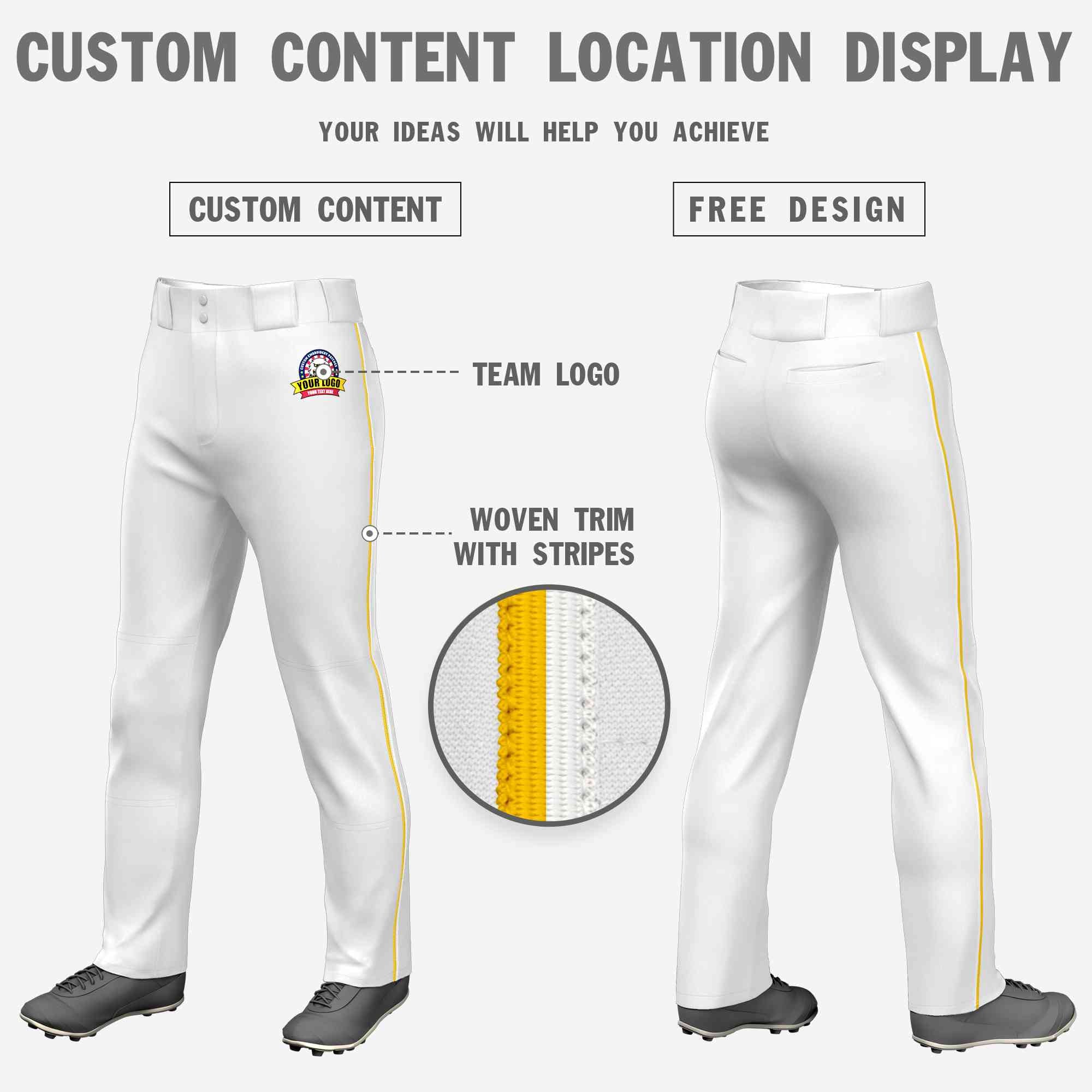 Custom White Gold-White Classic Fit Stretch Practice Loose-fit Baseball Pants