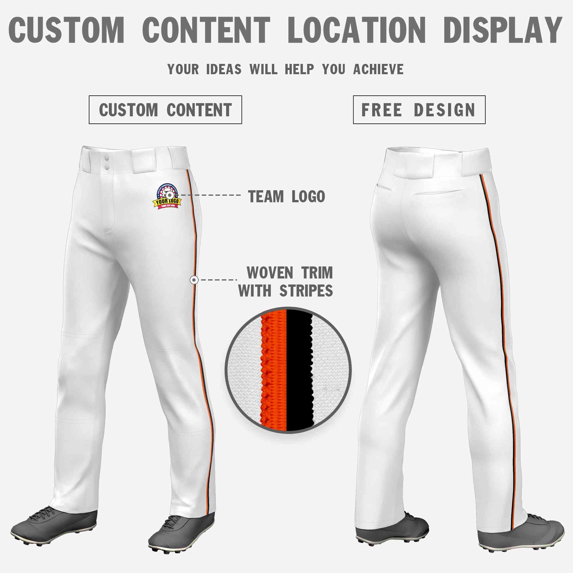 Custom White Orange-Black Classic Fit Stretch Practice Loose-fit Baseball Pants