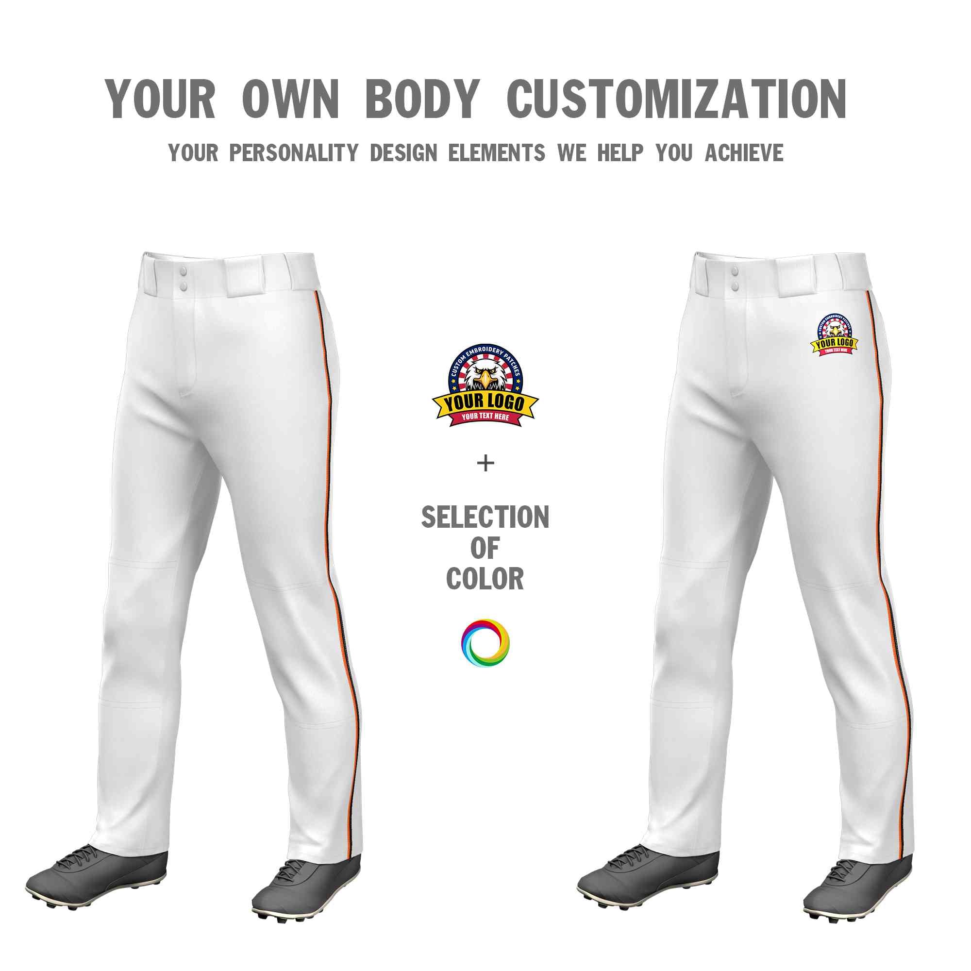 Custom White Orange-Black Classic Fit Stretch Practice Loose-fit Baseball Pants