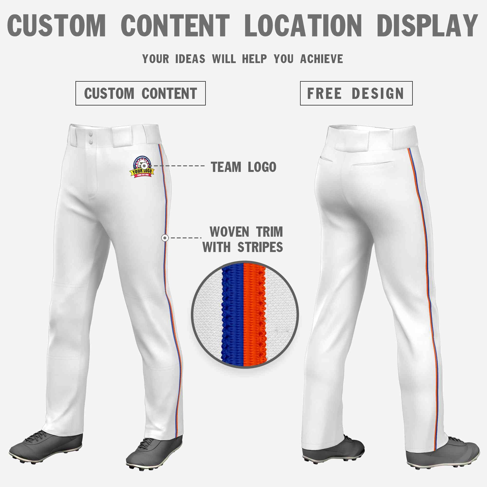 Pantalon de baseball ample et extensible, coupe classique, blanc royal-orange personnalisé