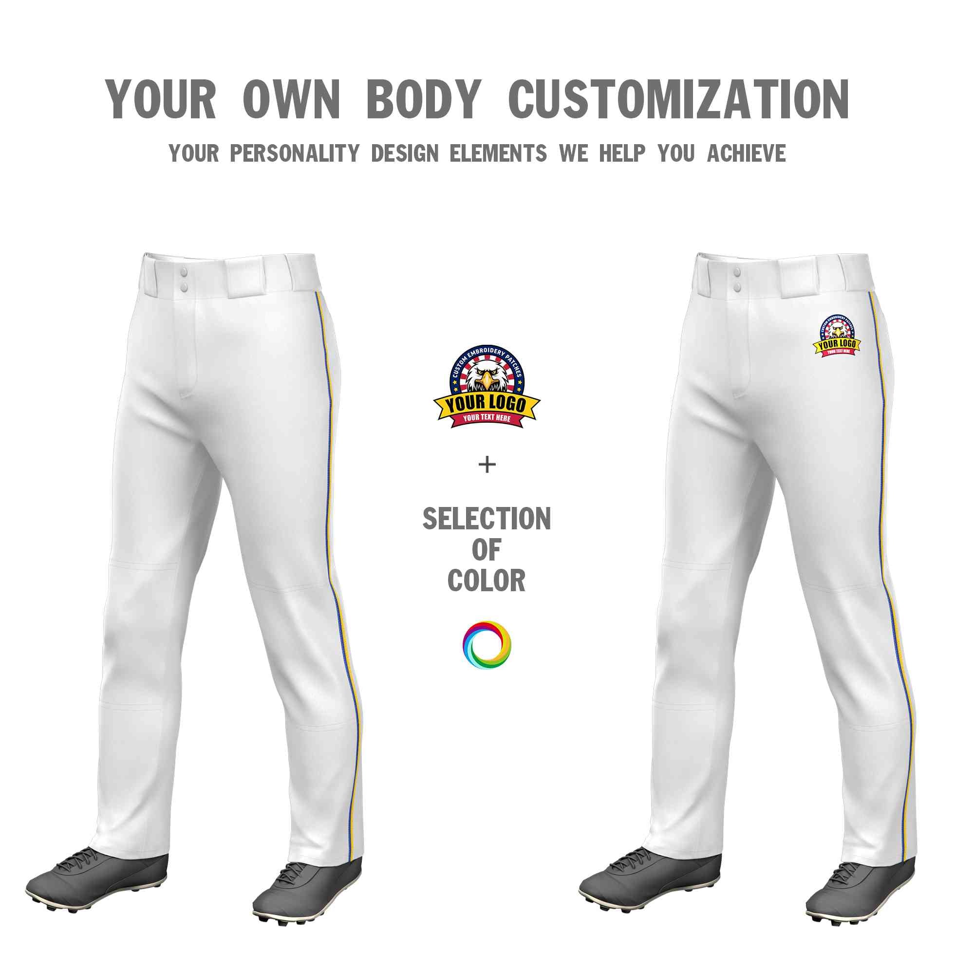 Custom White Royal-Gold Classic Fit Stretch Practice Loose-fit Baseball Pants