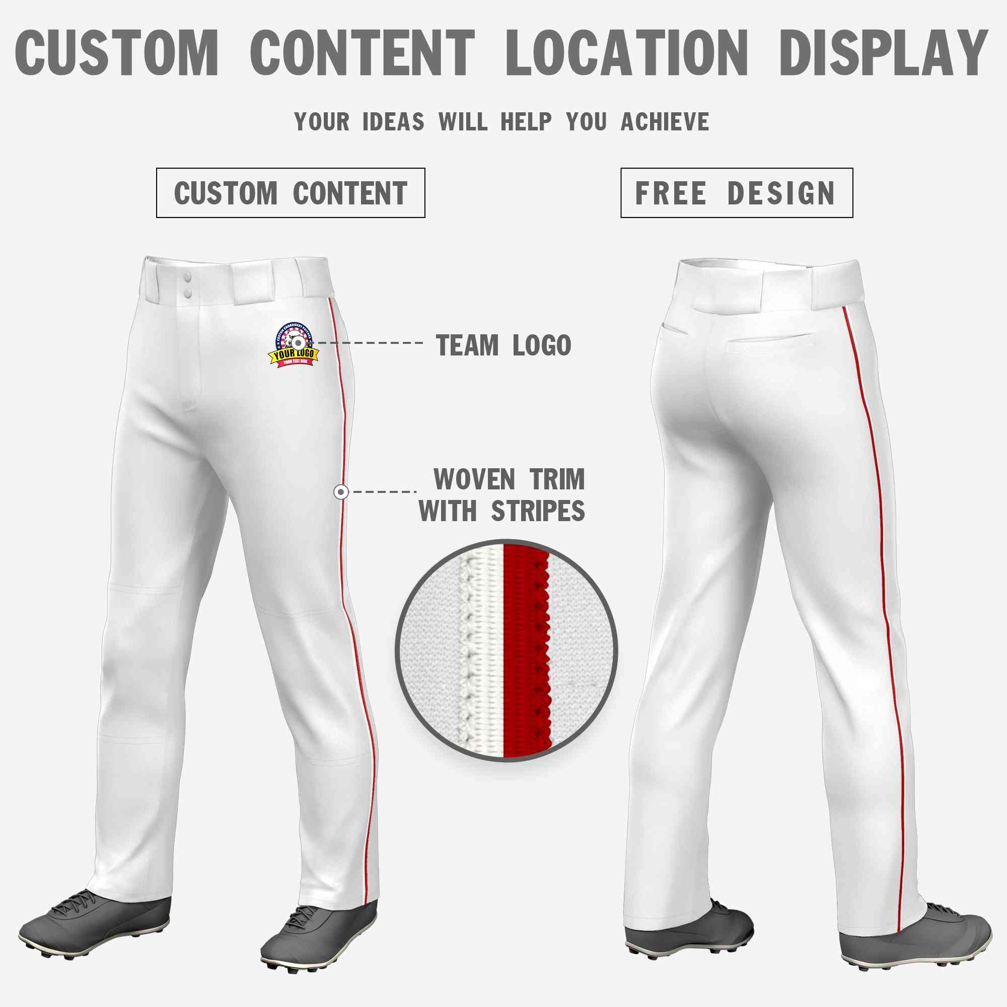 Custom White White-Red Classic Fit Stretch Practice Loose-fit Baseball Pants