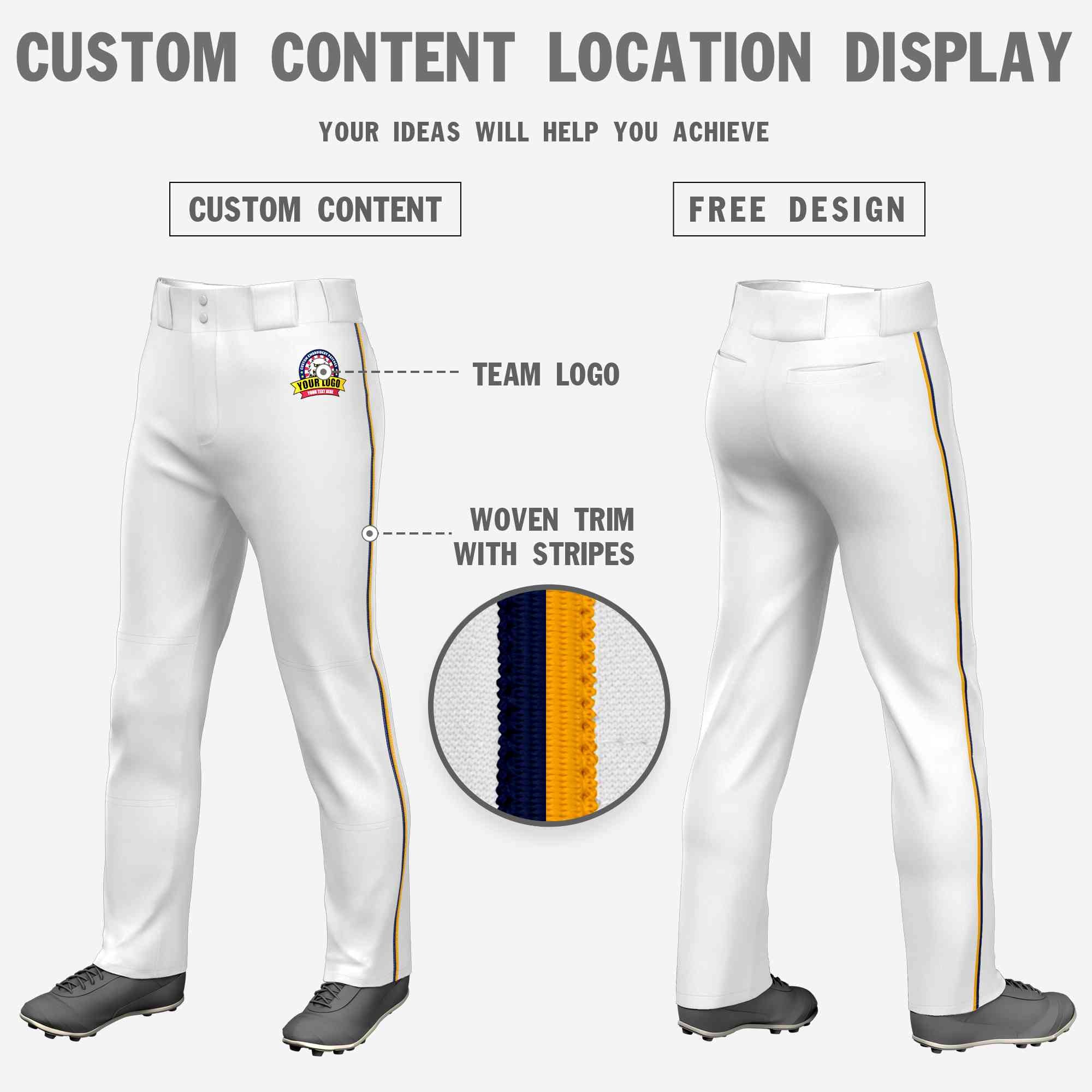 Custom White Navy-Yellow Classic Fit Stretch Practice Loose-fit Baseball Pants