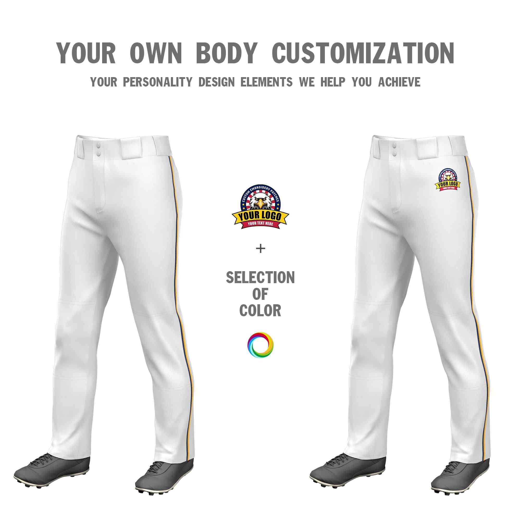 Custom White Navy-Yellow Classic Fit Stretch Practice Loose-fit Baseball Pants