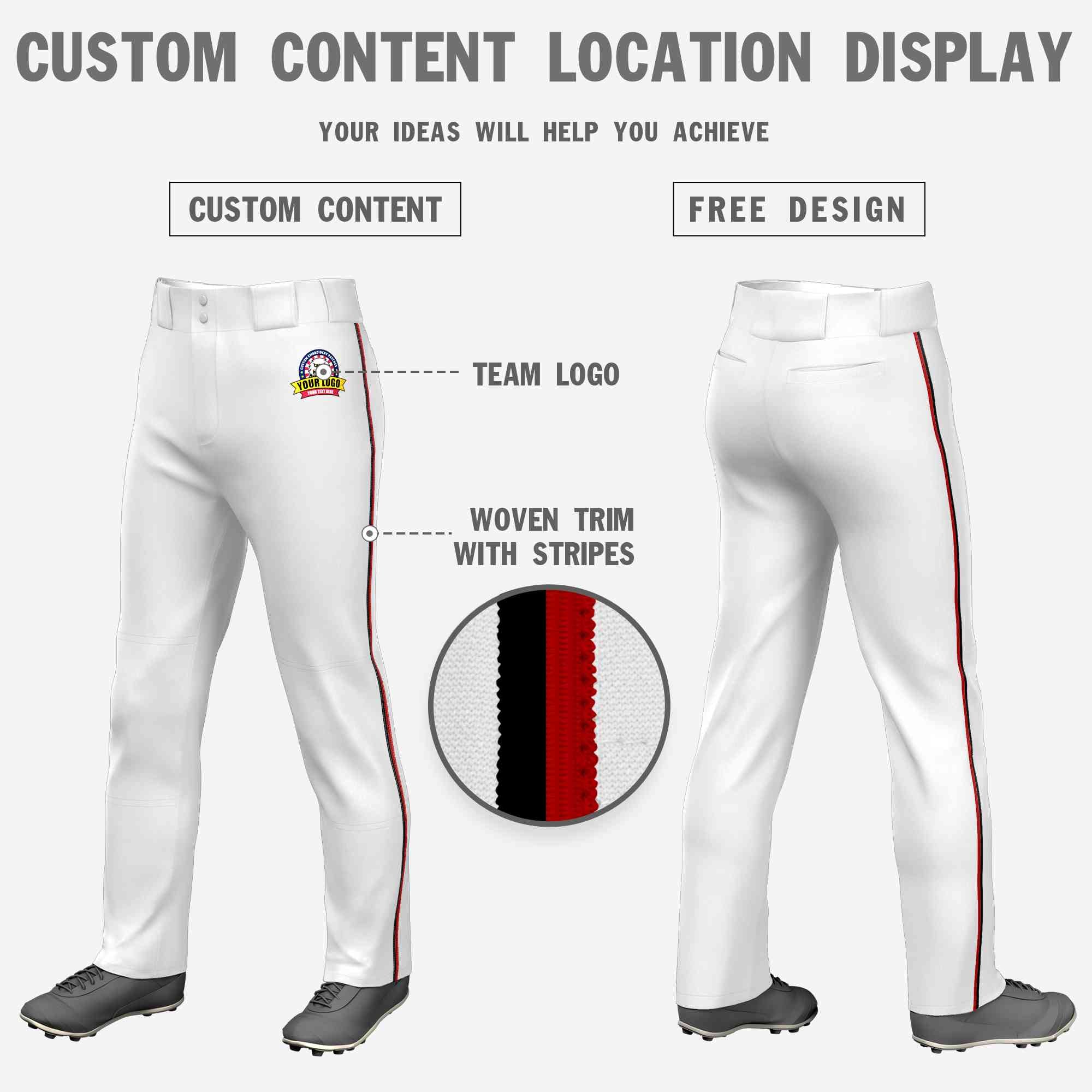 Pantalon de baseball coupe ample, coupe classique, extensible, personnalisé, blanc, noir-rouge