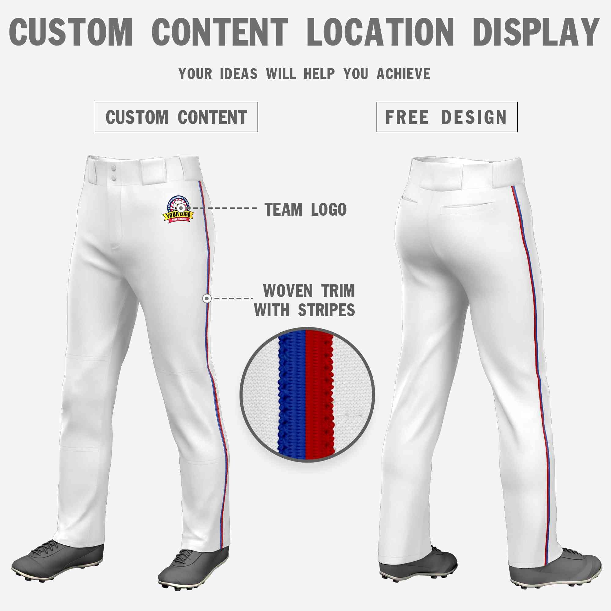 Custom White Royal-Red Classic Fit Stretch Practice Loose-fit Baseball Pants