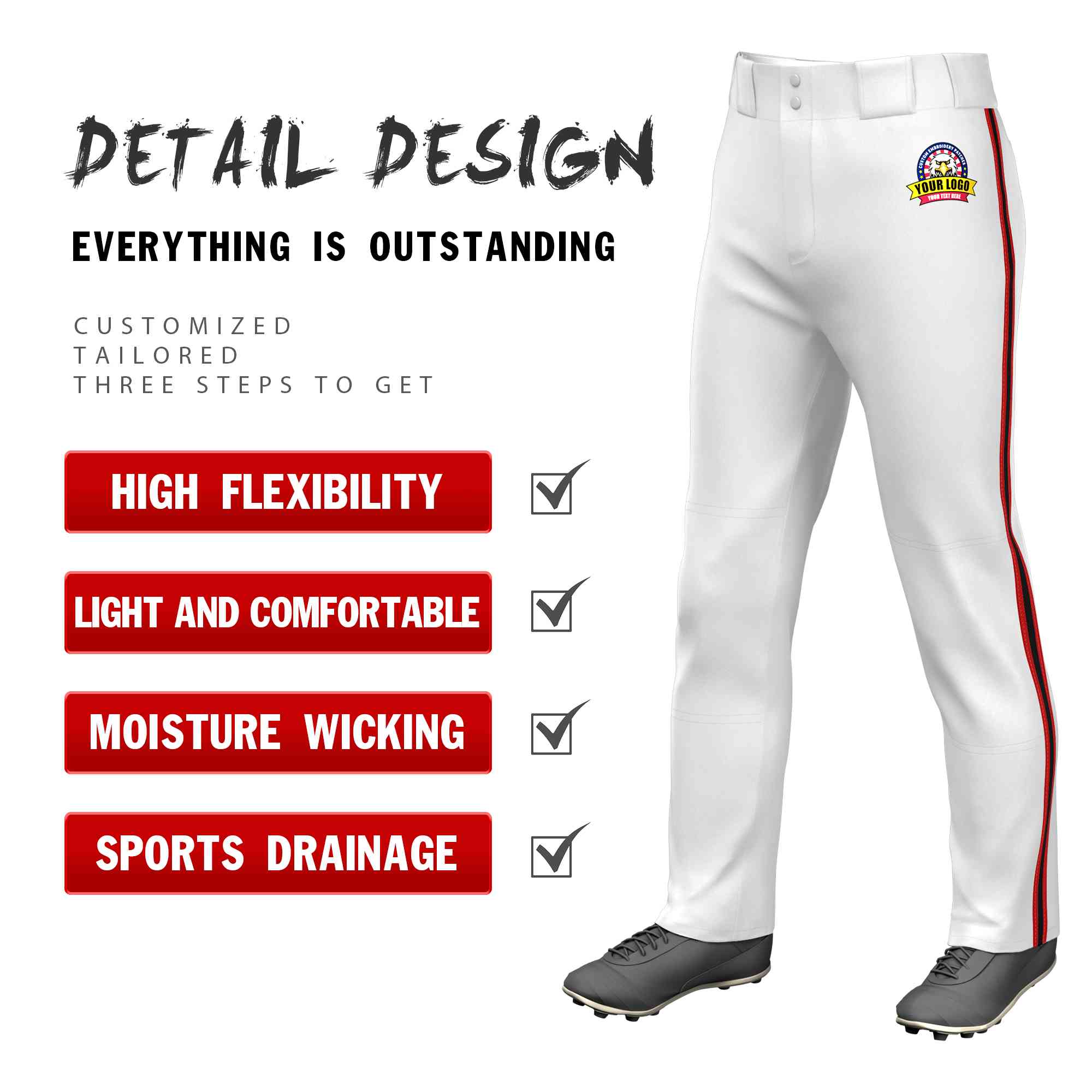 Custom White Red Black-Red Classic Fit Stretch Practice Loose-fit Baseball Pants