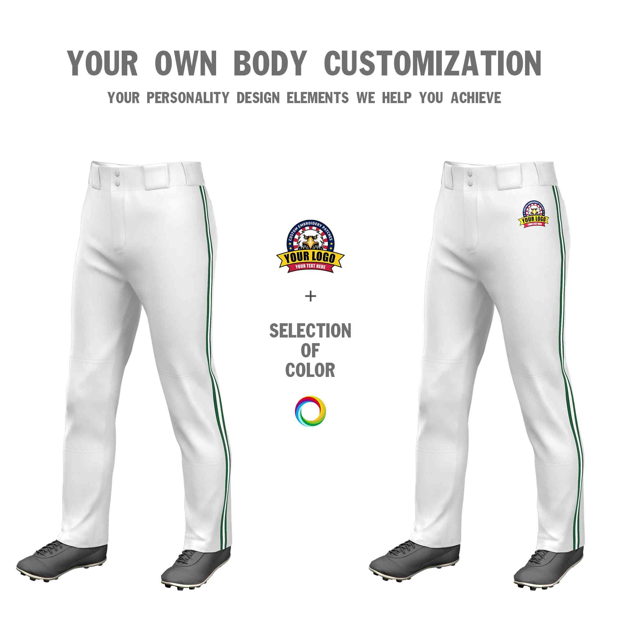 Custom White Green White-Green Classic Fit Stretch Practice Loose-fit Baseball Pants