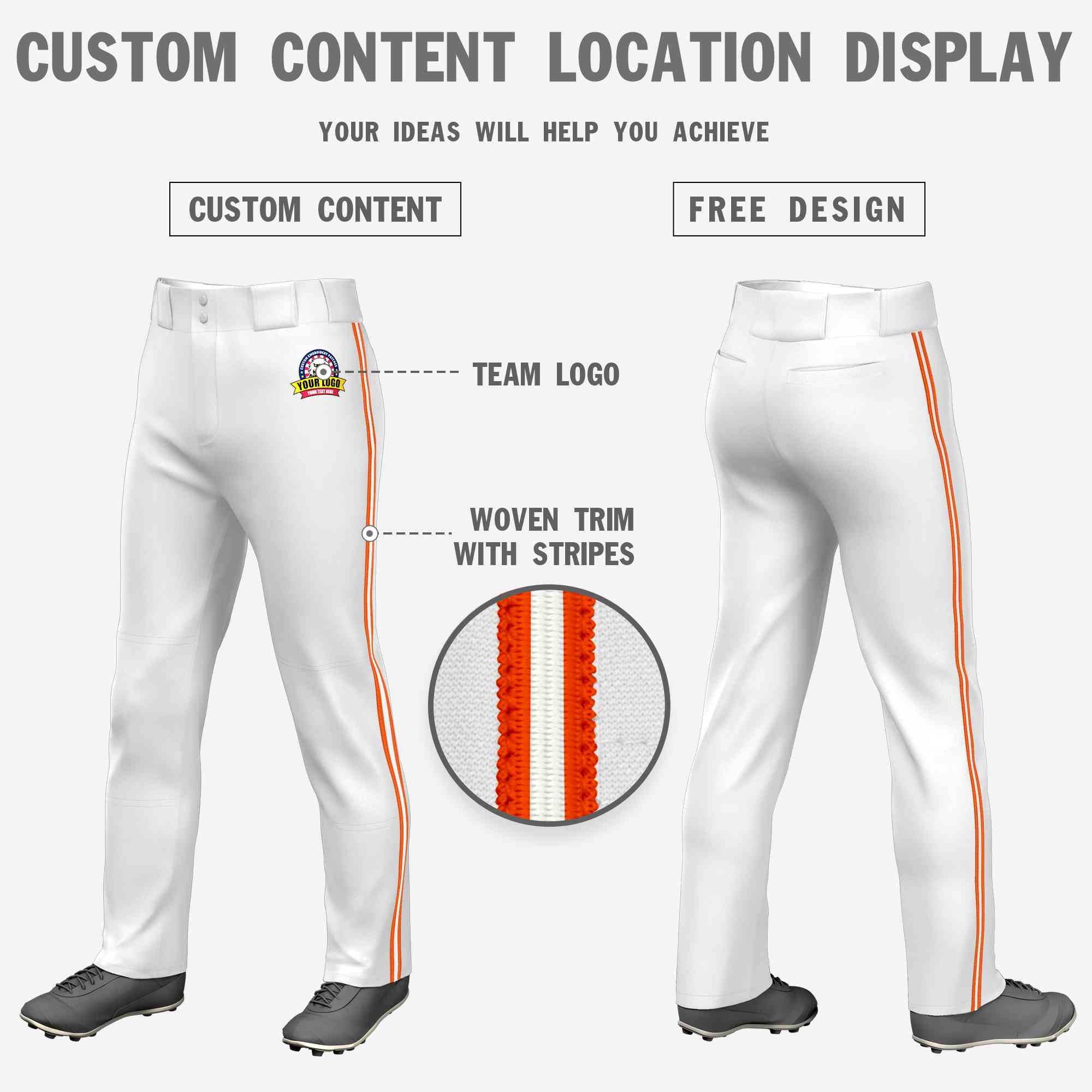 Custom White Orange White-Orange Classic Fit Stretch Practice Loose-fit Baseball Pants