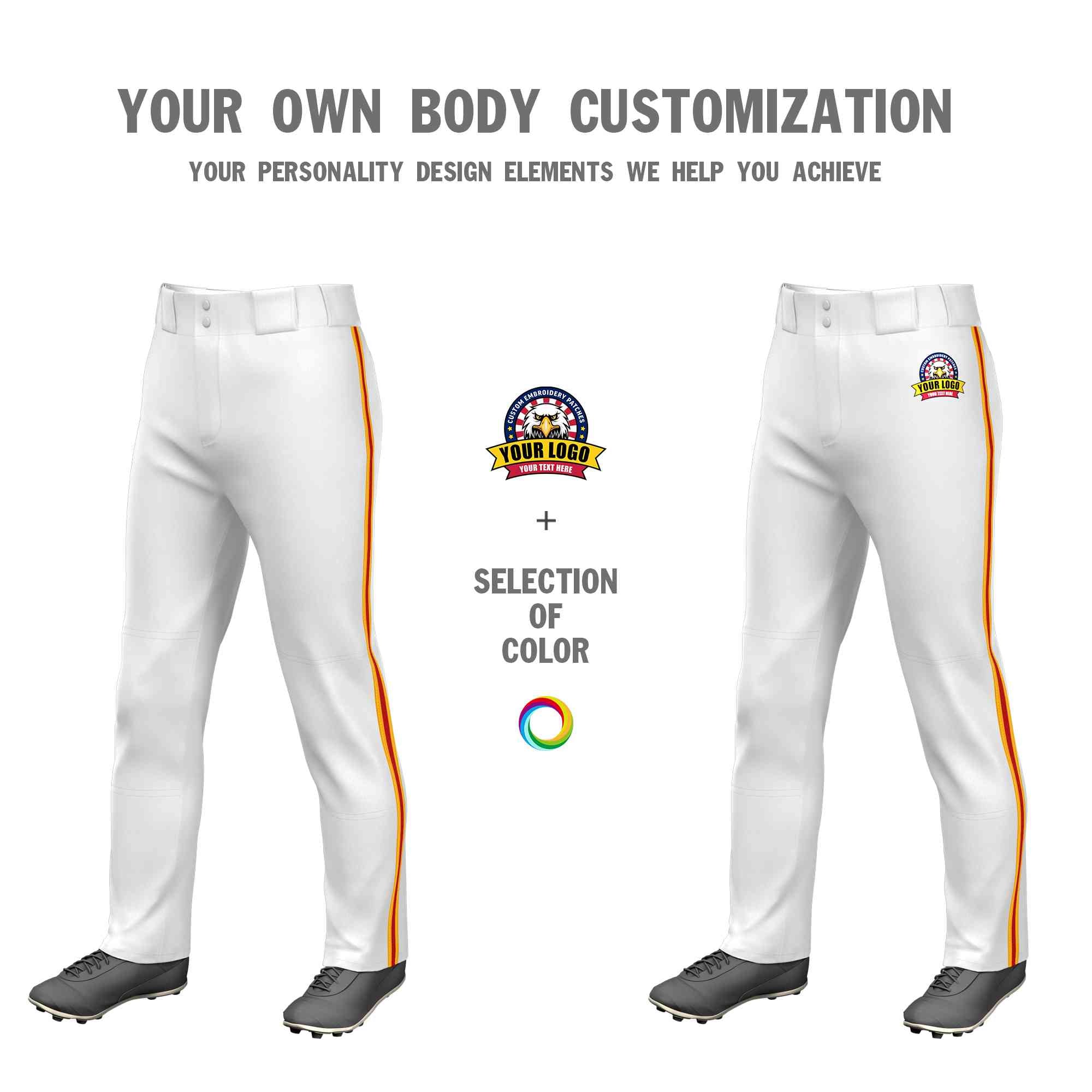 Custom White Yellow Red-Yellow Classic Fit Stretch Practice Loose-fit Baseball Pants