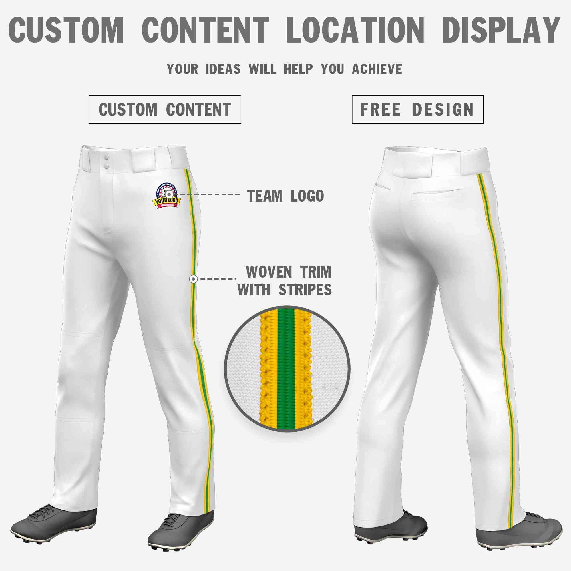 Custom White Gold Kelly Green-Gold Classic Fit Stretch Practice Loose-fit Baseball Pants