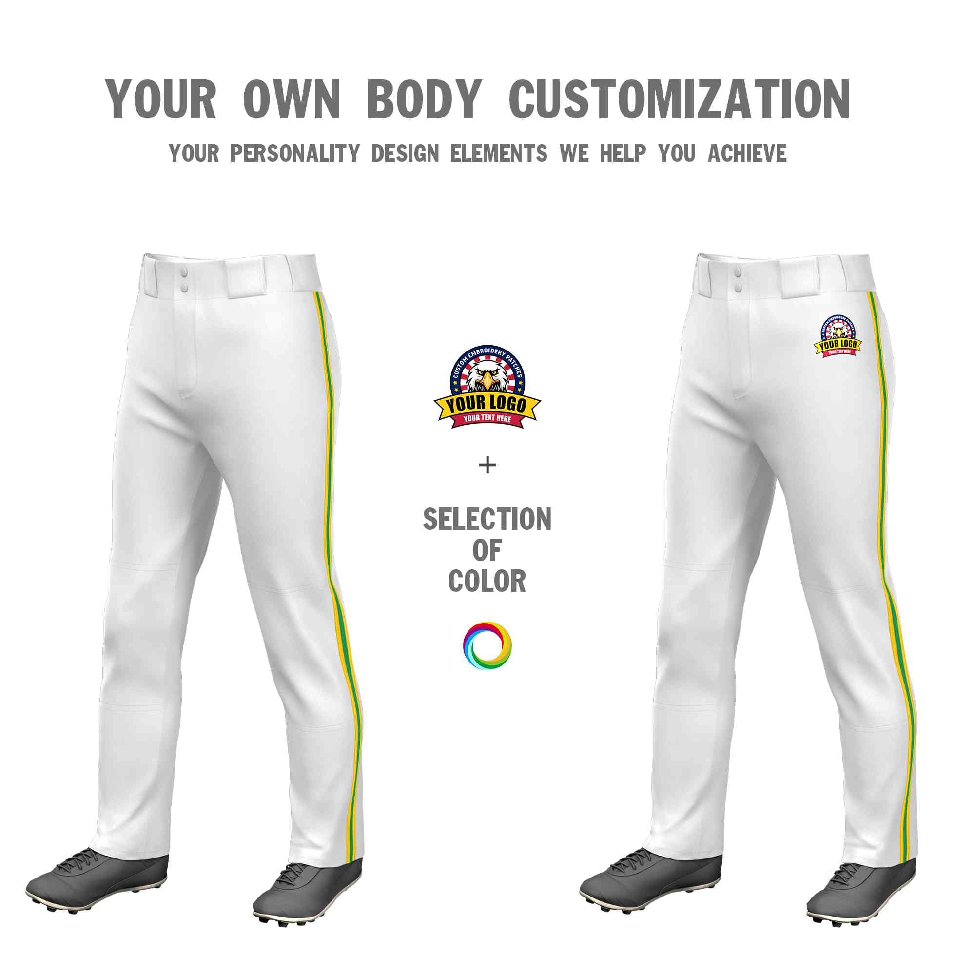 Custom White Gold Kelly Green-Gold Classic Fit Stretch Practice Loose-fit Baseball Pants