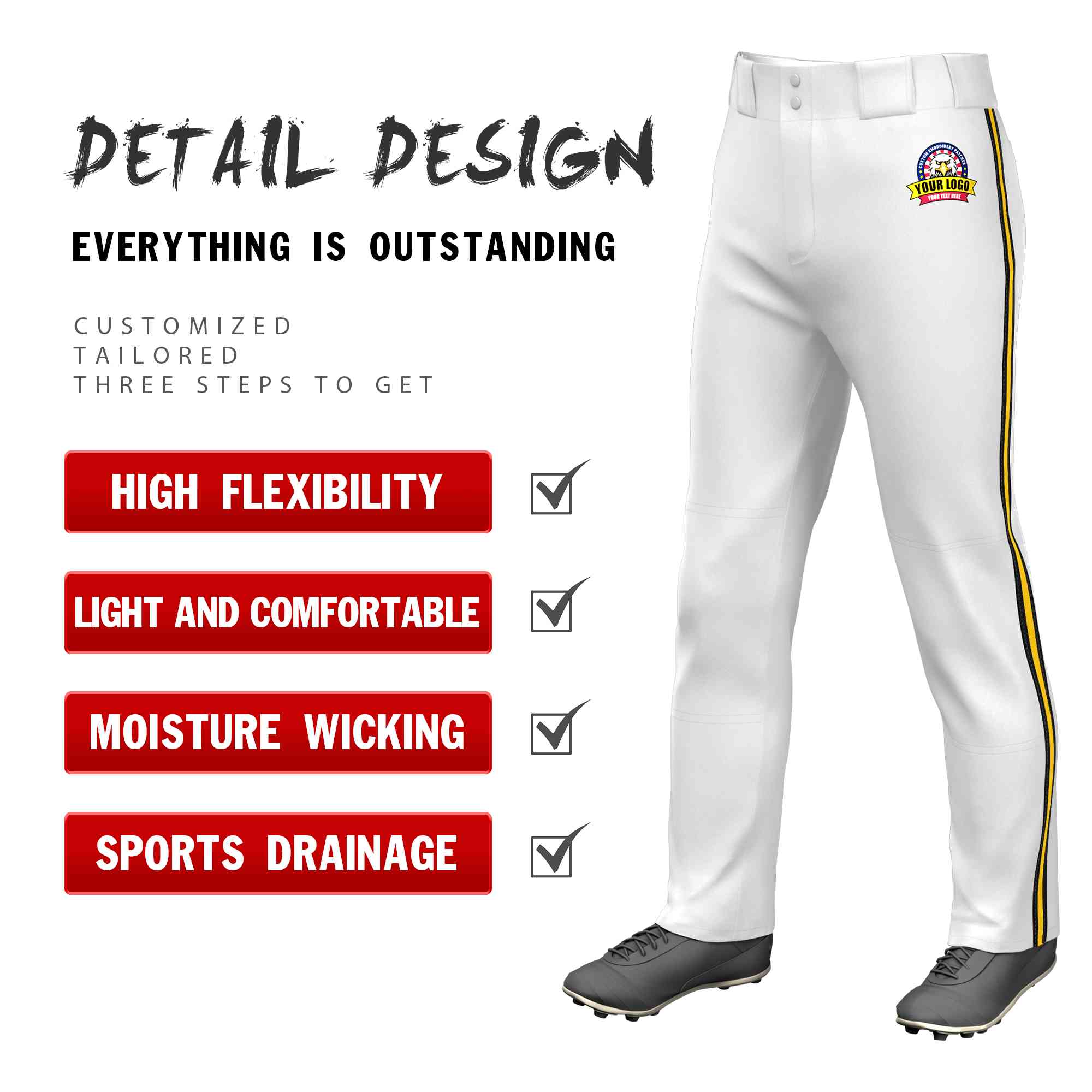 Custom White Black Gold-Black Classic Fit Stretch Practice Loose-fit Baseball Pants