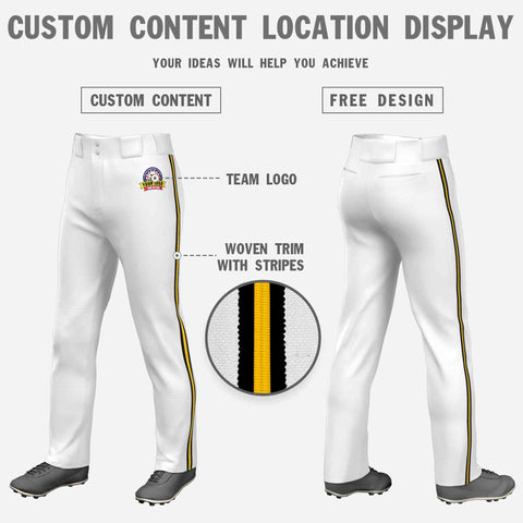 Custom White Black Gold-Black Classic Fit Stretch Practice Loose-fit Baseball Pants