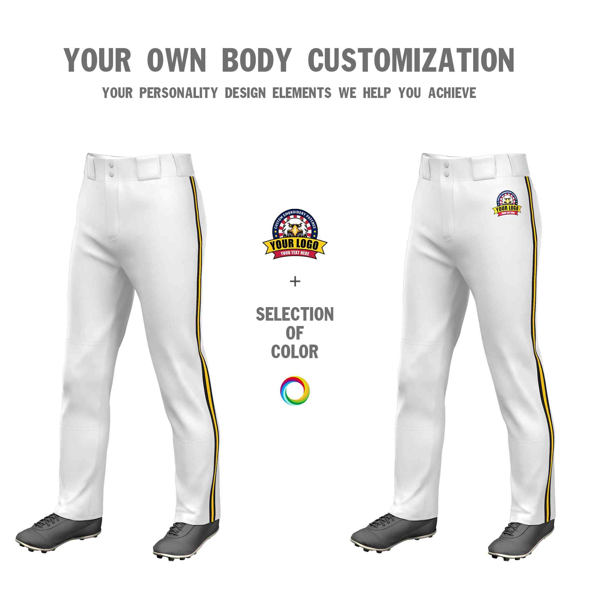 Custom White Black Gold-Black Classic Fit Stretch Practice Loose-fit Baseball Pants