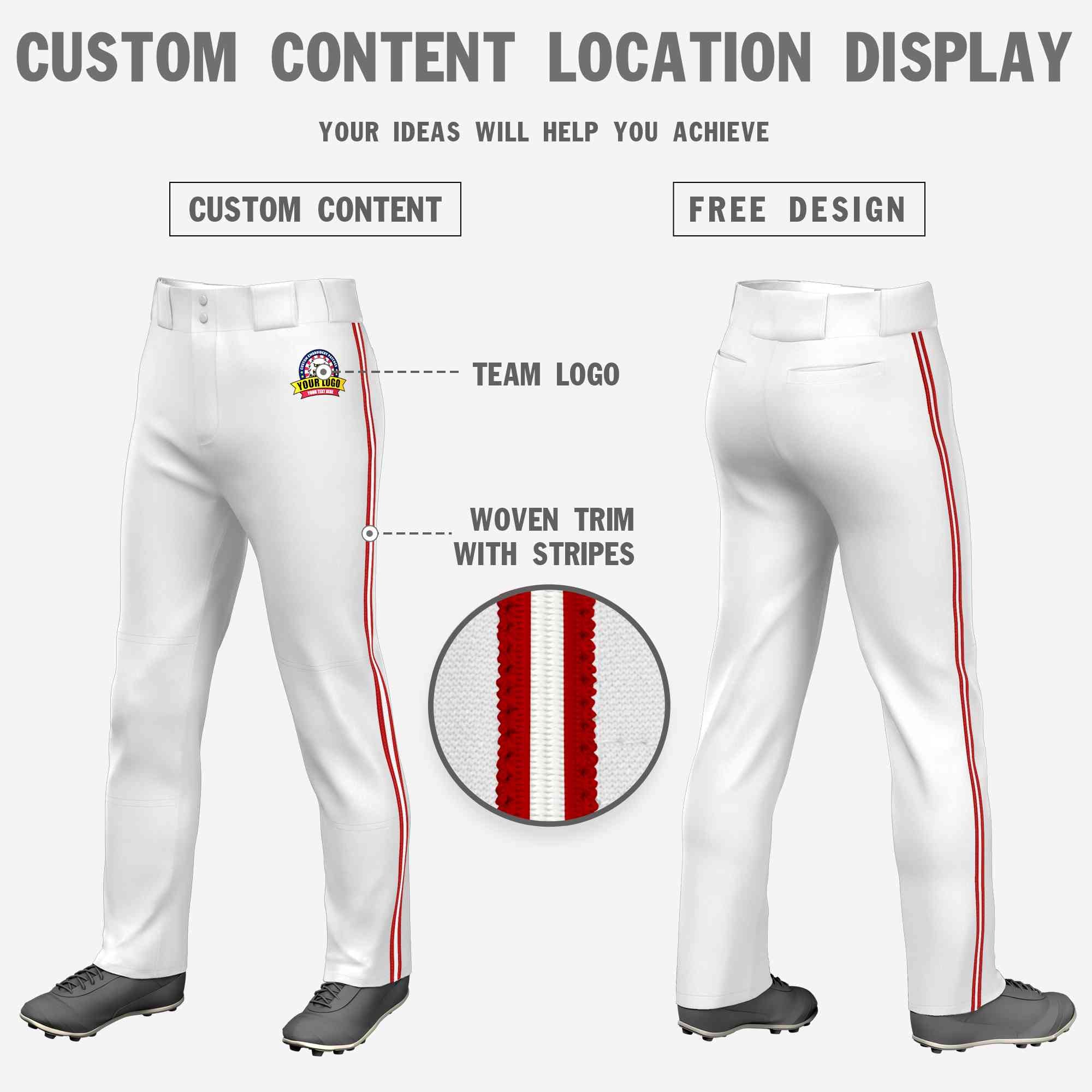 Custom White Red White-Red Classic Fit Stretch Practice Loose-fit Baseball Pants