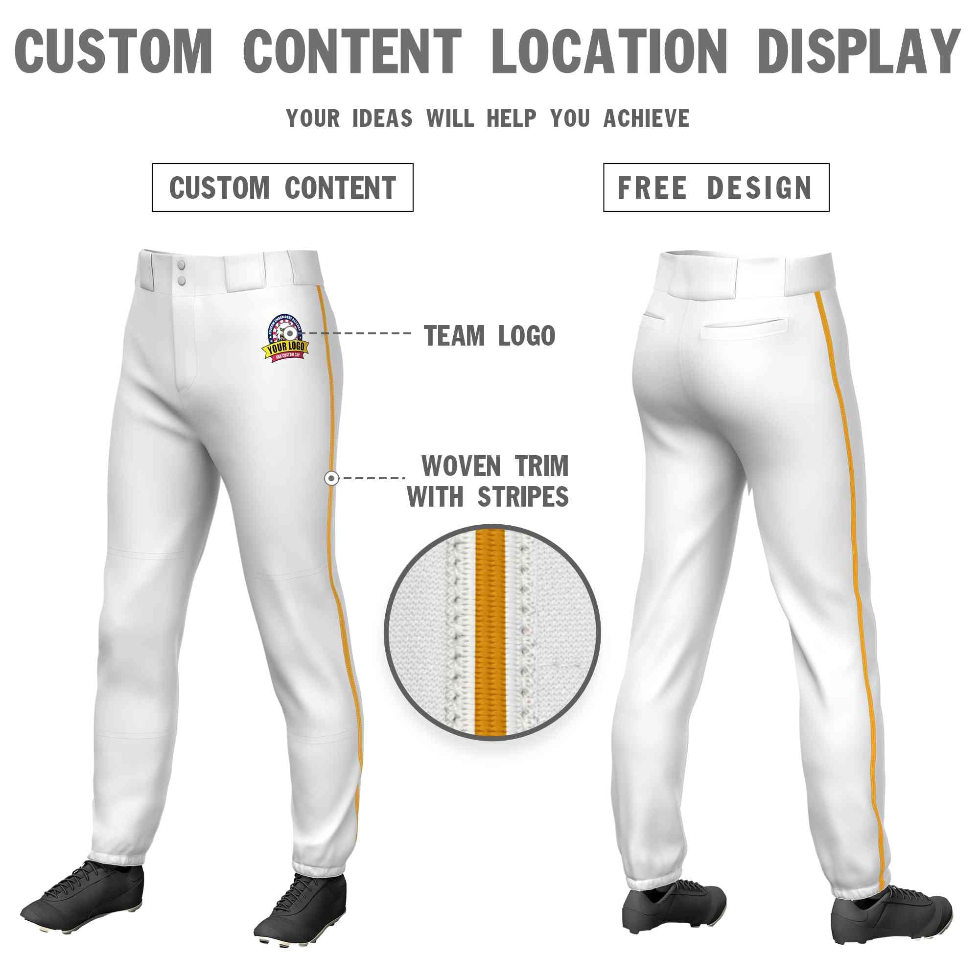 Custom White Old Gold Classic Fit Stretch Practice Pull-up Baseball Pants