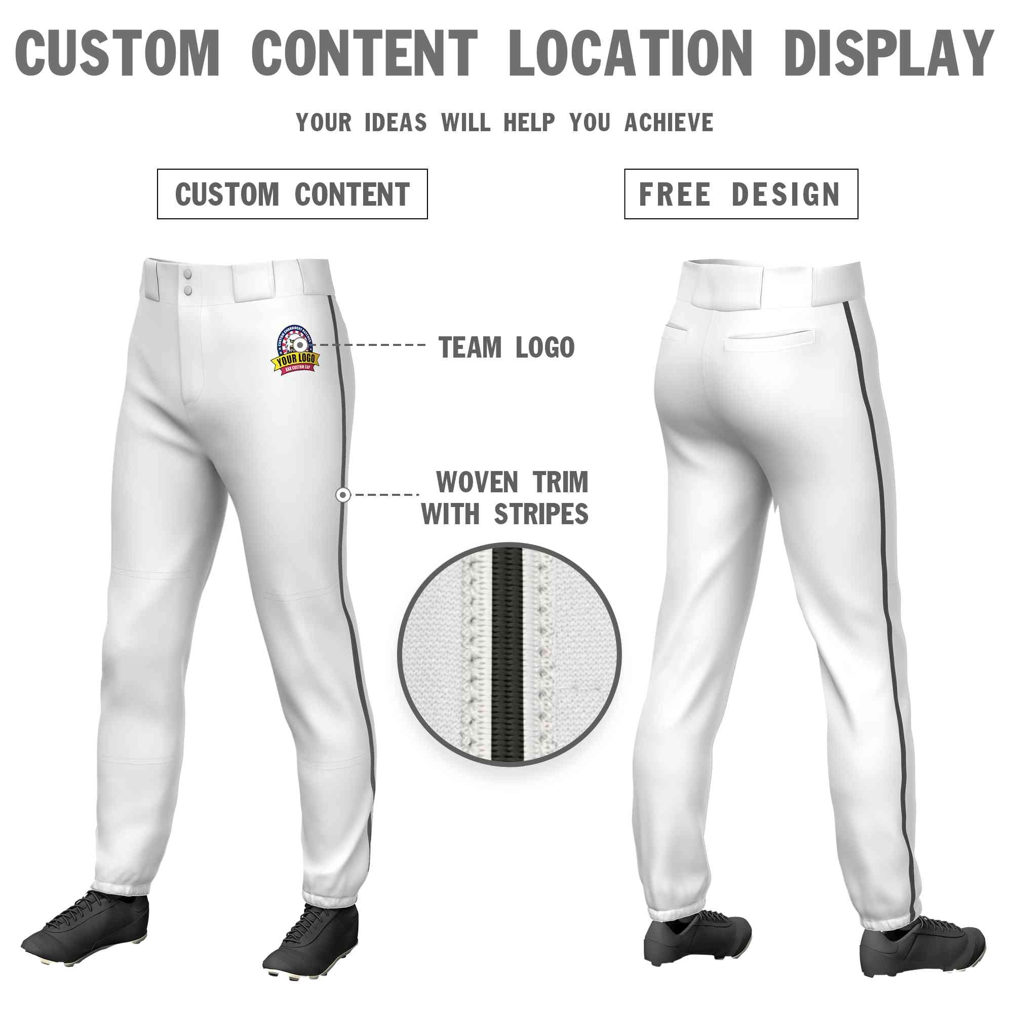 Custom White Dark Gray Classic Fit Stretch Practice Pull-up Baseball Pants