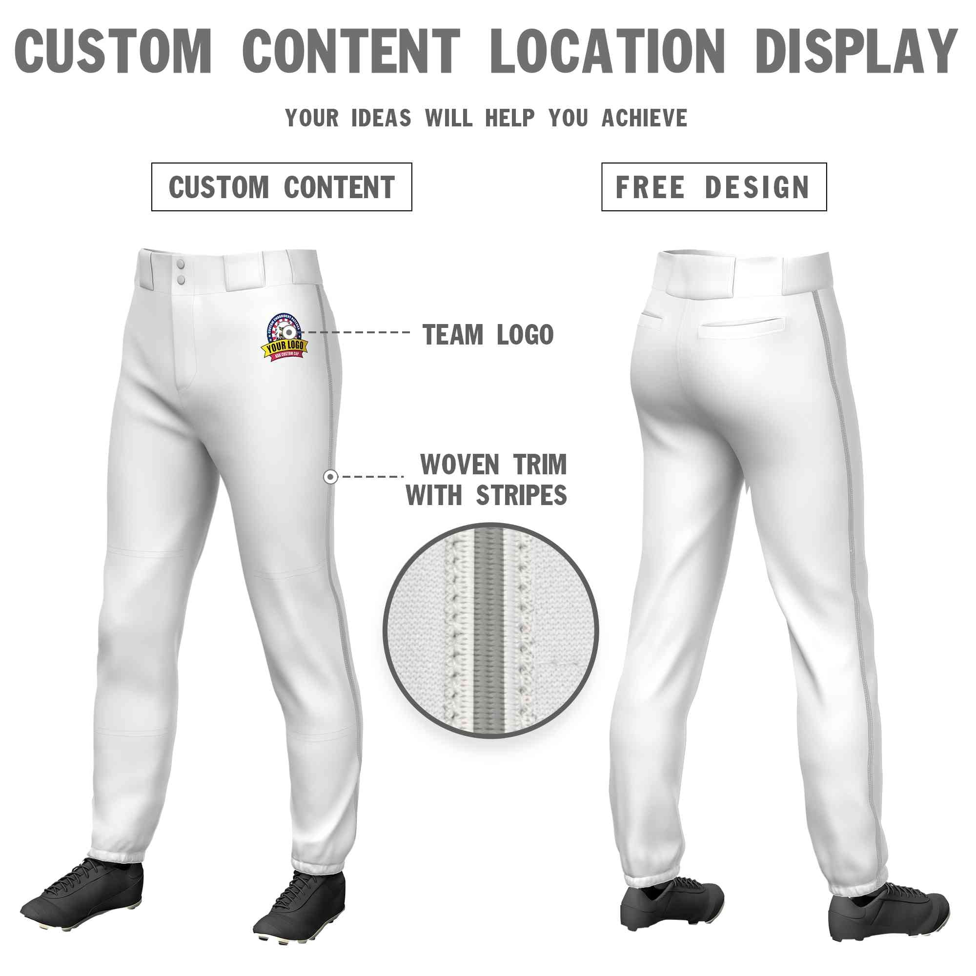 Custom White Gray Classic Fit Stretch Practice Pull-up Baseball Pants