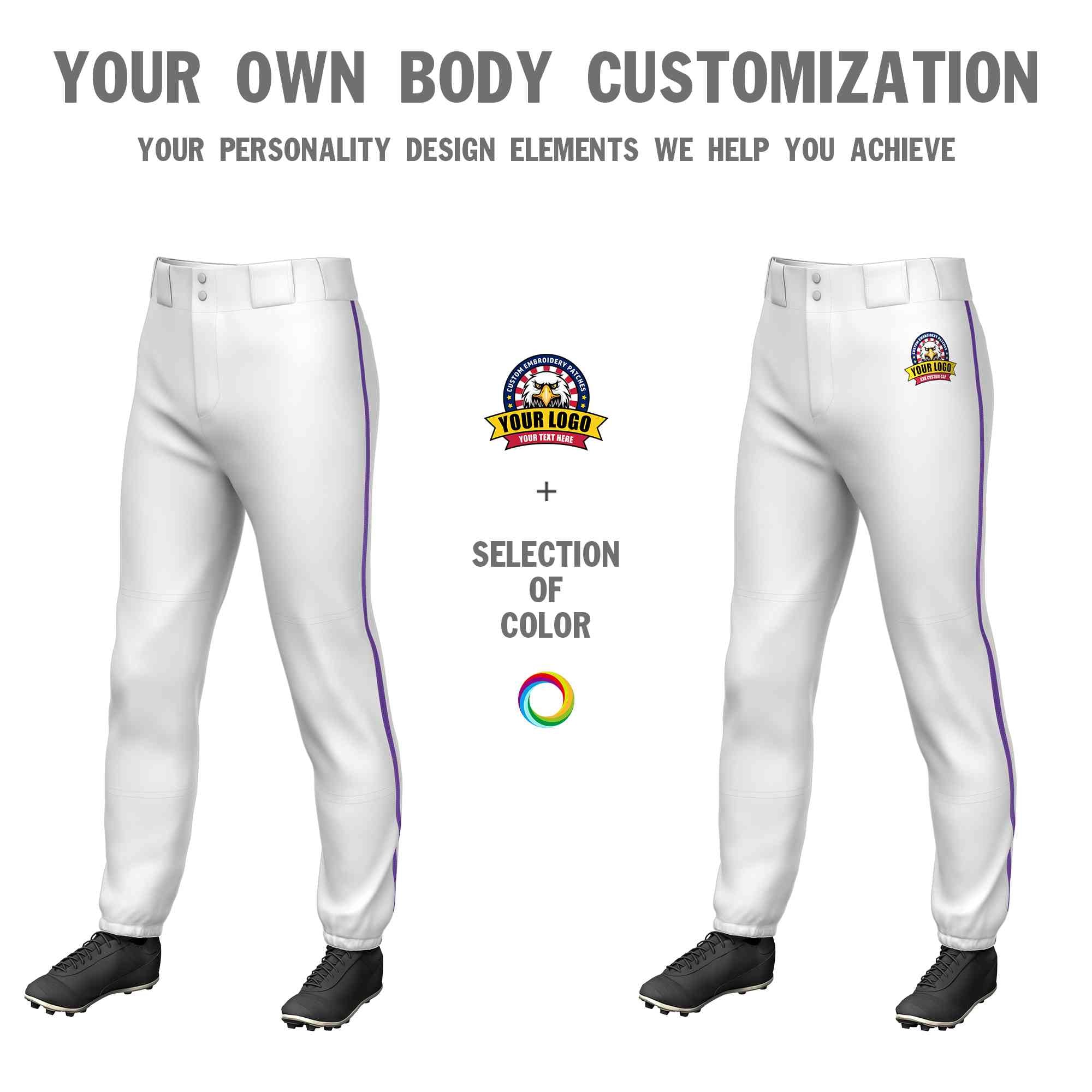 Custom White Purple Classic Fit Stretch Practice Pull-up Baseball Pants