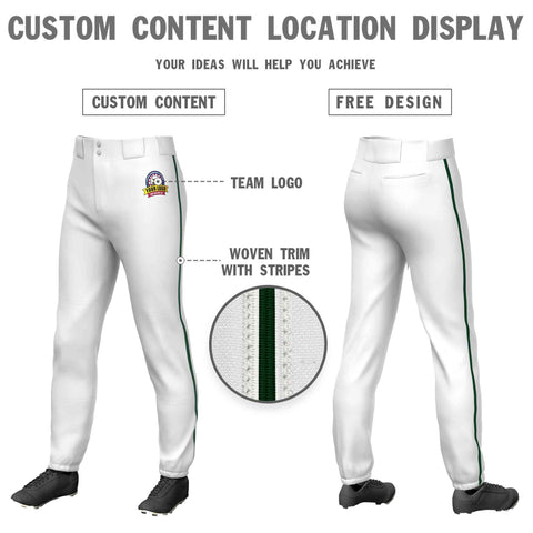 Custom White Green Classic Fit Stretch Practice Pull-up Baseball Pants