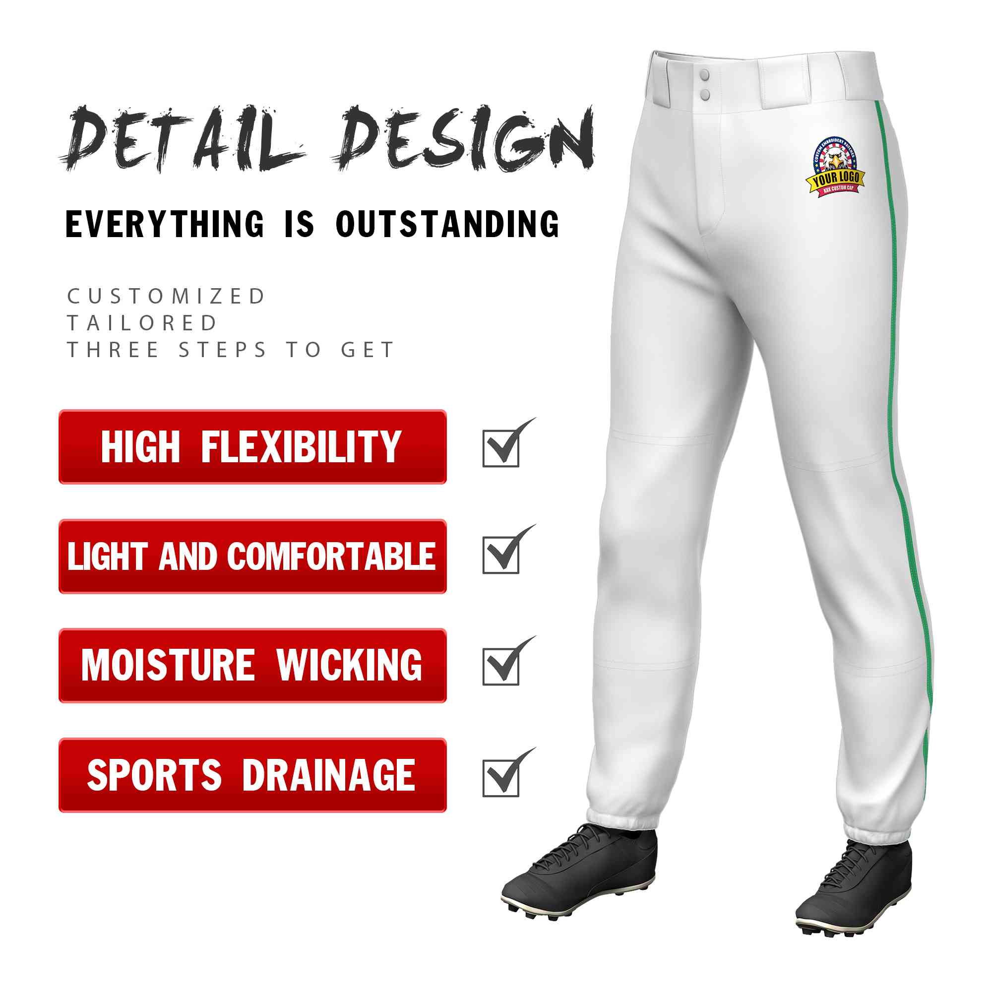 Custom White Kelly Green Classic Fit Stretch Practice Pull-up Baseball Pants