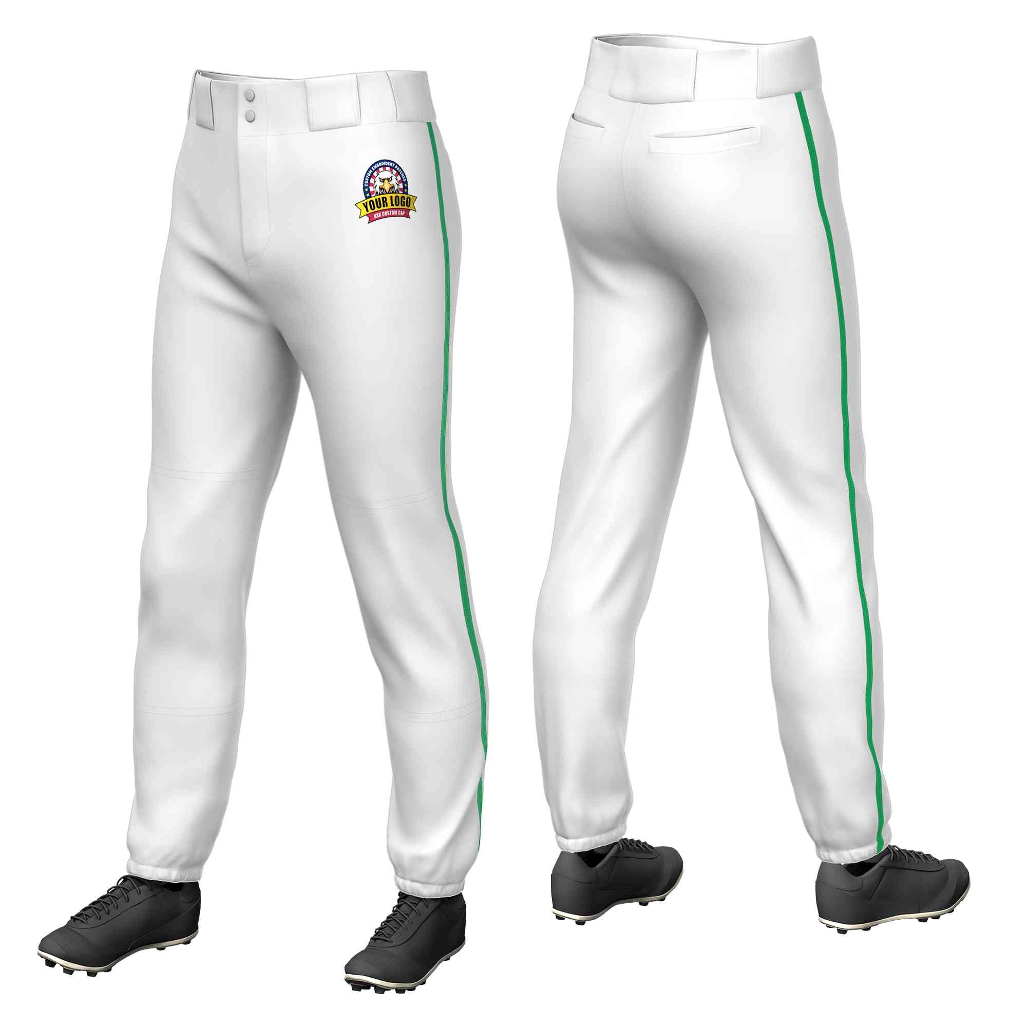 Custom White Kelly Green Classic Fit Stretch Practice Pull-up Baseball Pants