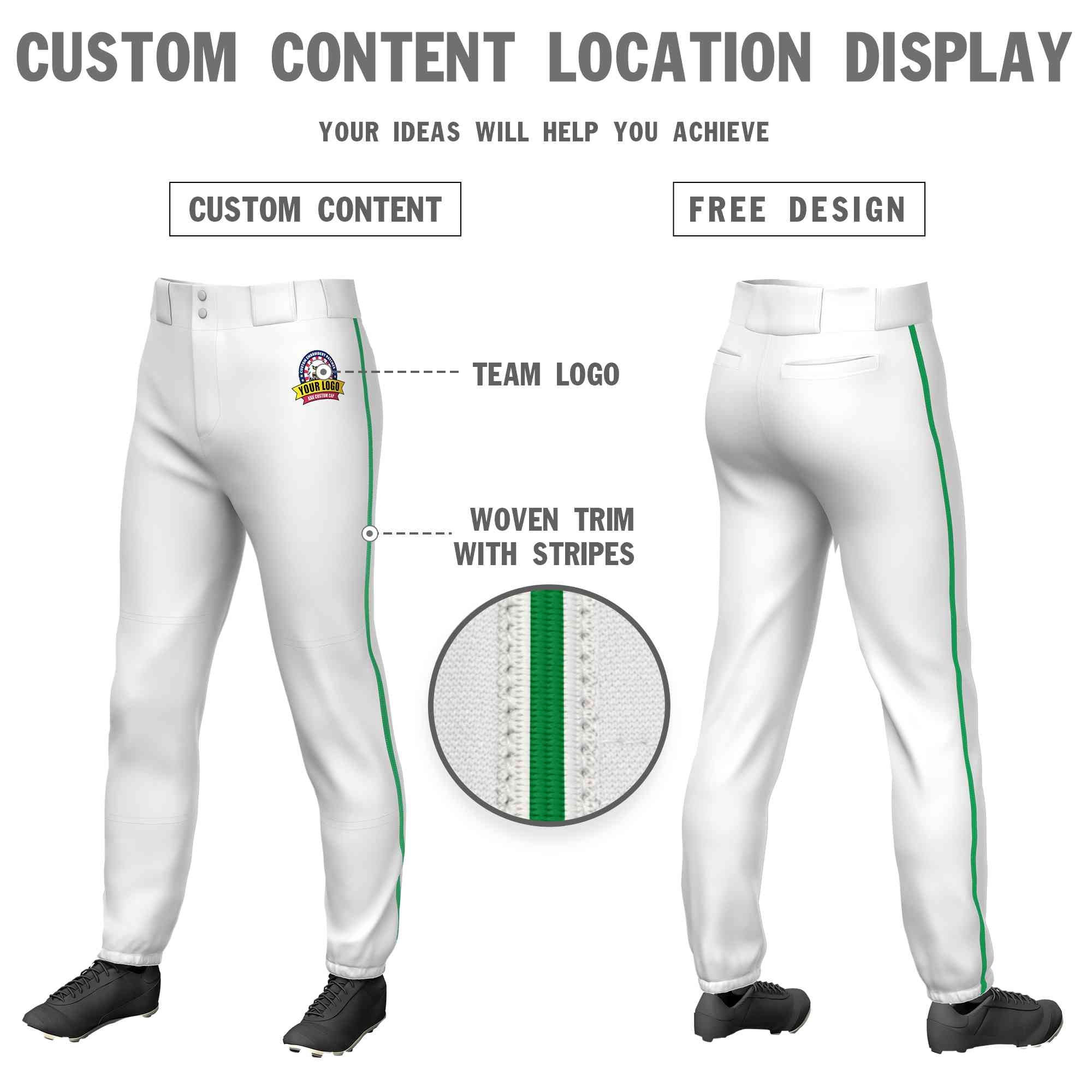 Custom White Kelly Green Classic Fit Stretch Practice Pull-up Baseball Pants