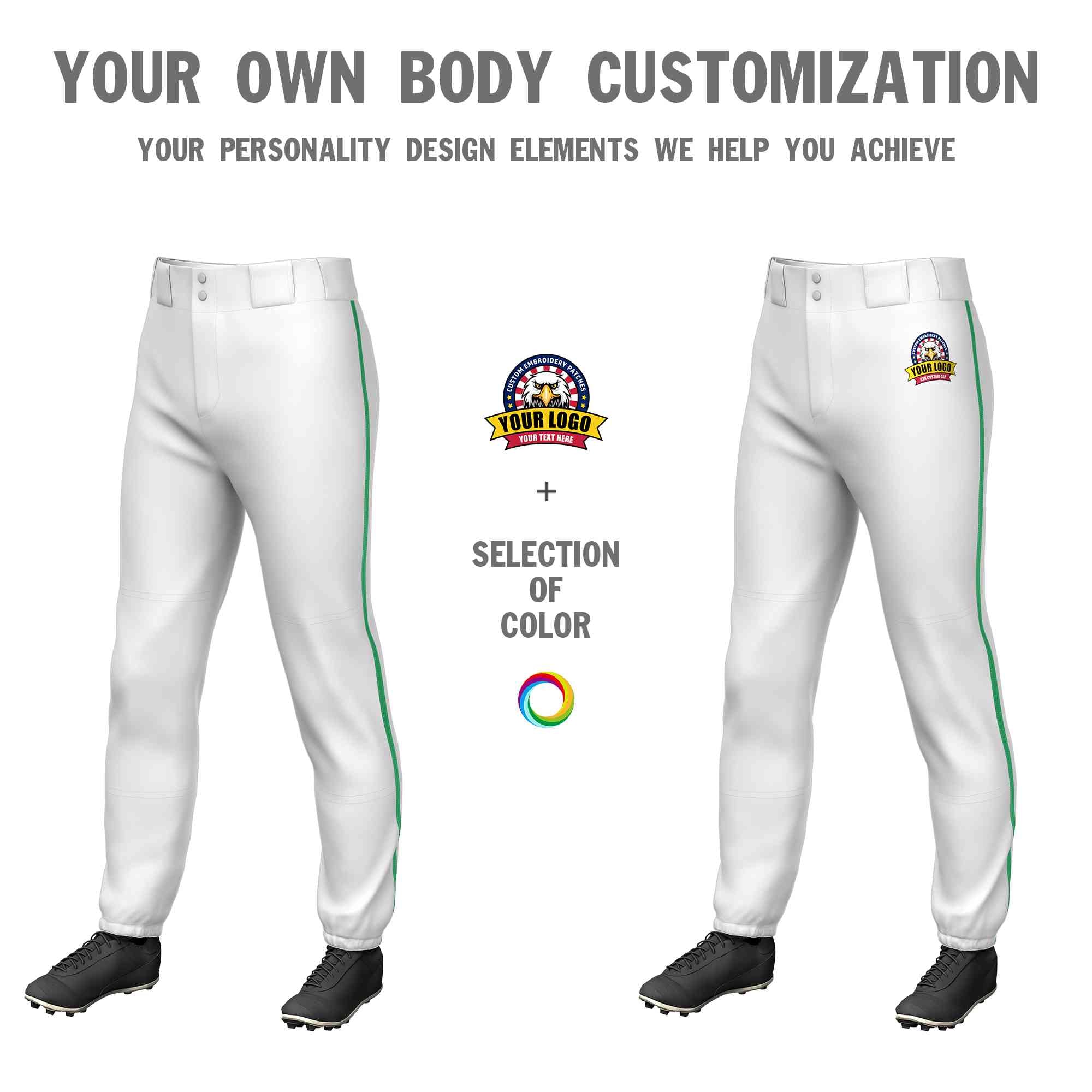 Custom White Kelly Green Classic Fit Stretch Practice Pull-up Baseball Pants