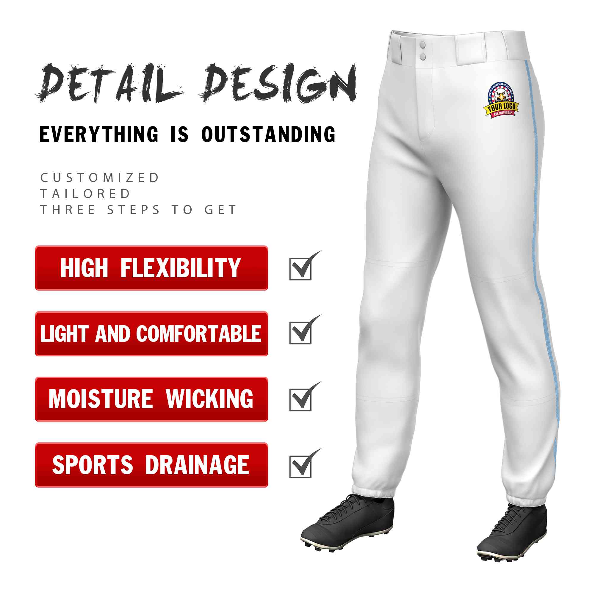 Custom White Light Blue Classic Fit Stretch Practice Pull-up Baseball Pants