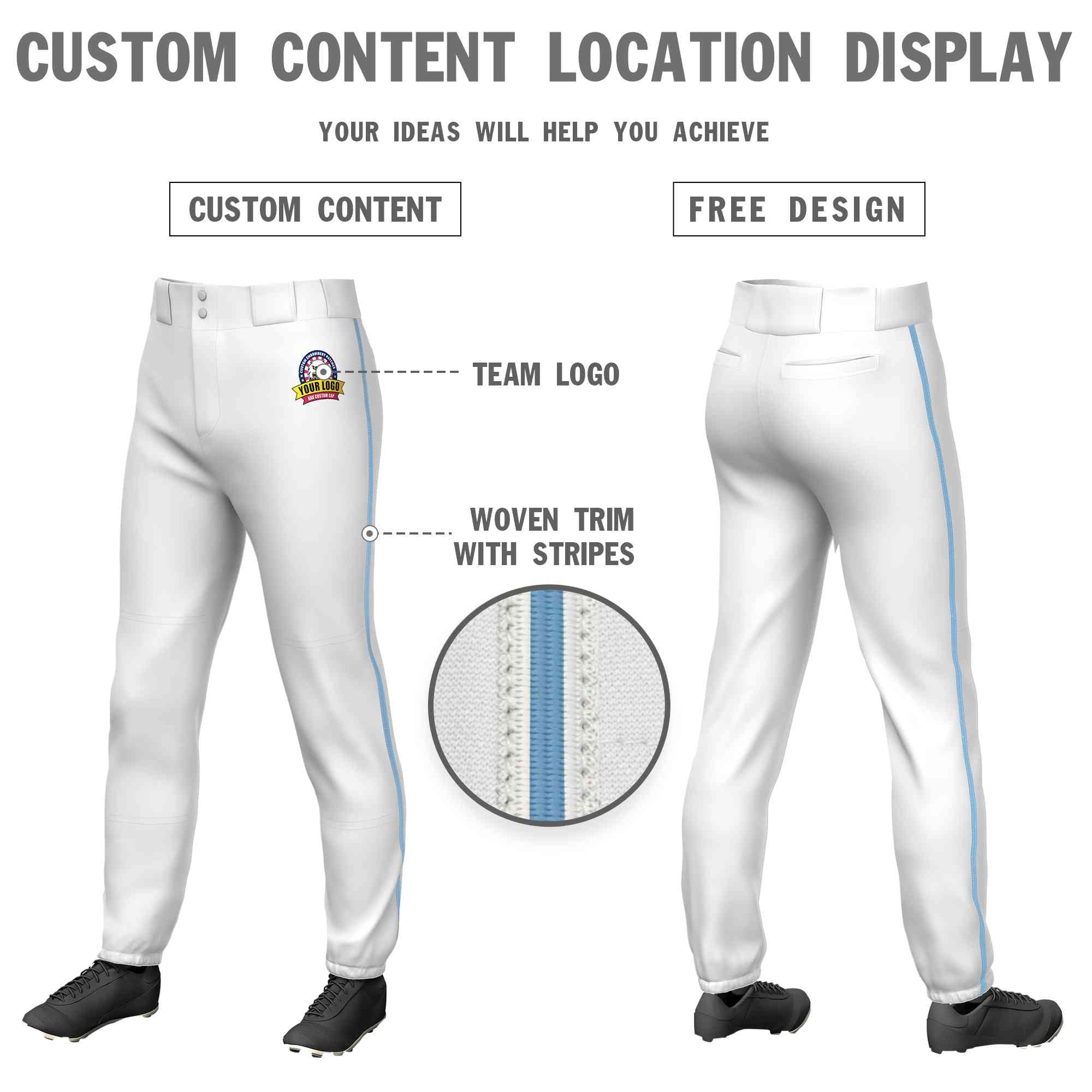 Custom White Light Blue Classic Fit Stretch Practice Pull-up Baseball Pants