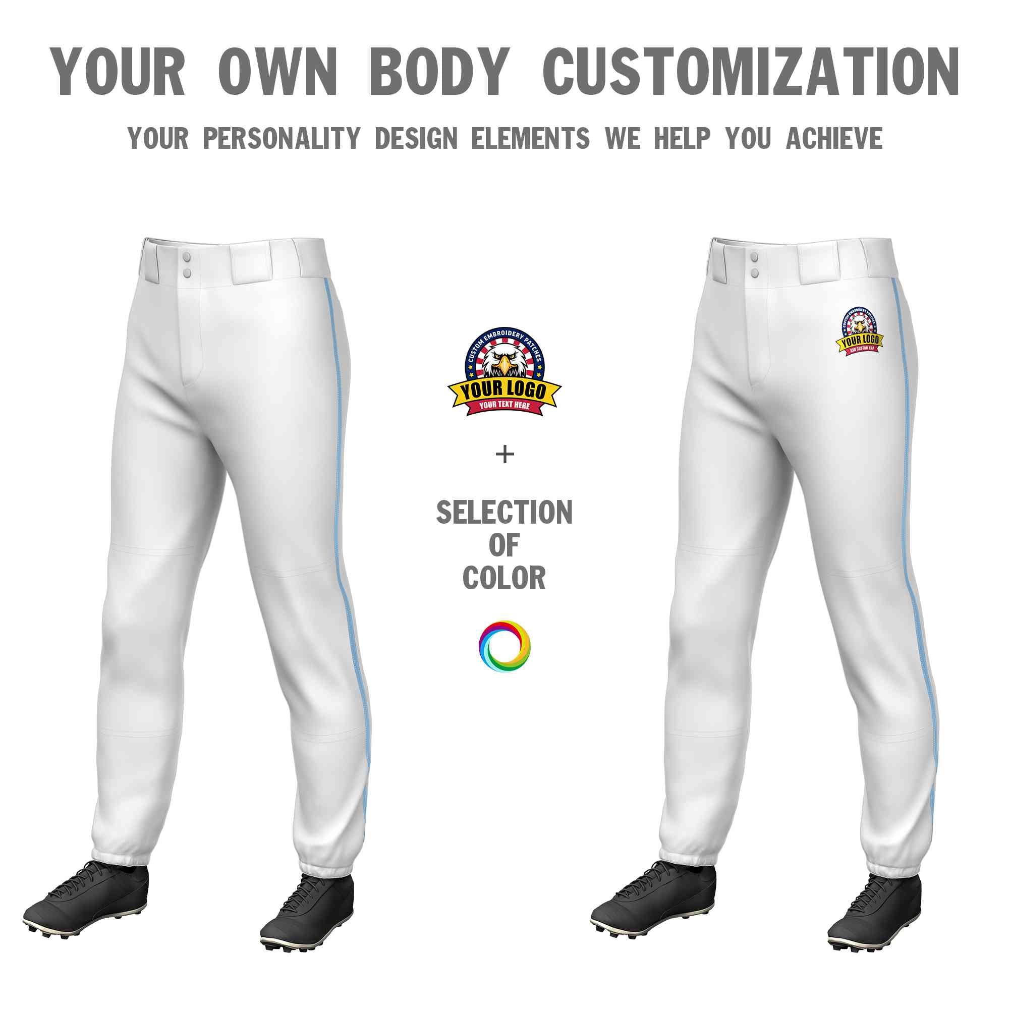 Custom White Light Blue Classic Fit Stretch Practice Pull-up Baseball Pants