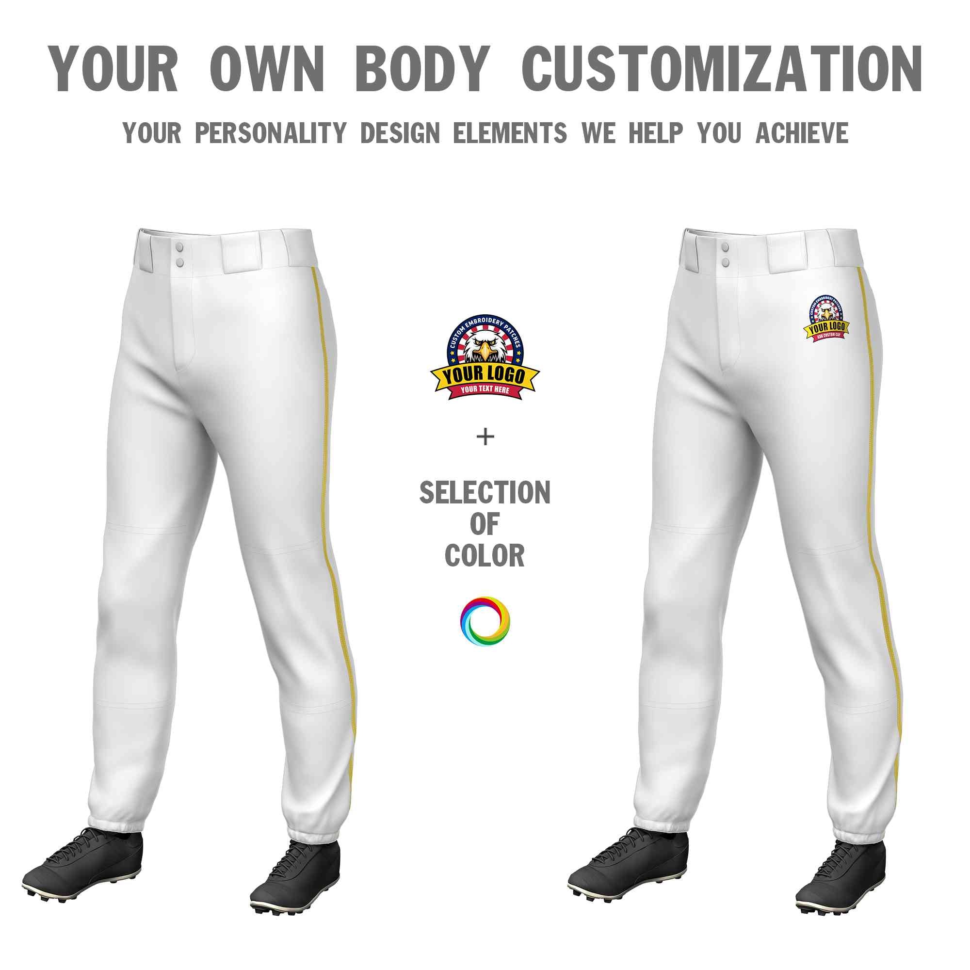 Custom White Old Gold Classic Fit Stretch Practice Pull-up Baseball Pants