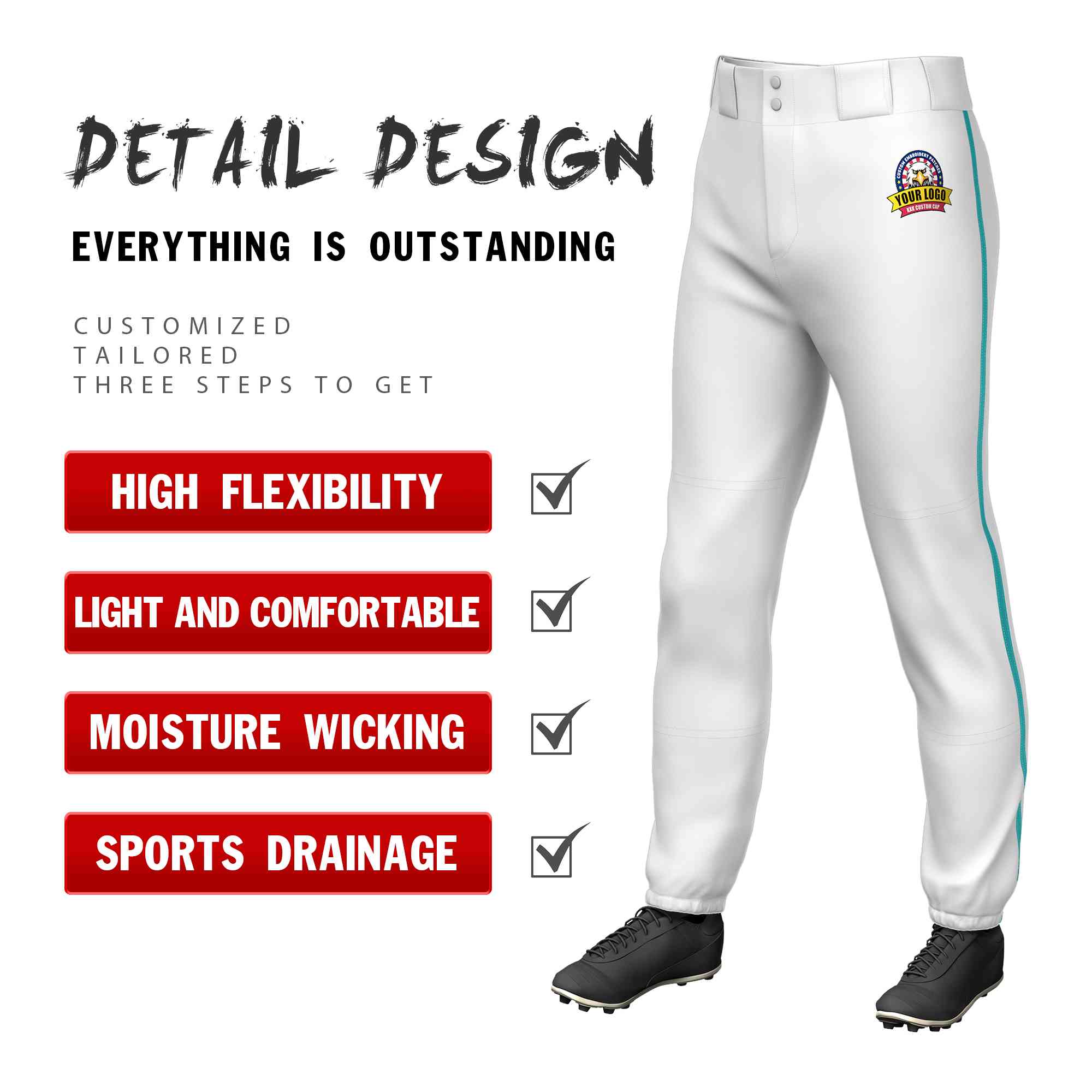 Custom White Aqua Classic Fit Stretch Practice Pull-up Baseball Pants