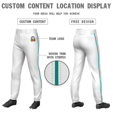 Custom White Aqua Classic Fit Stretch Practice Pull-up Baseball Pants