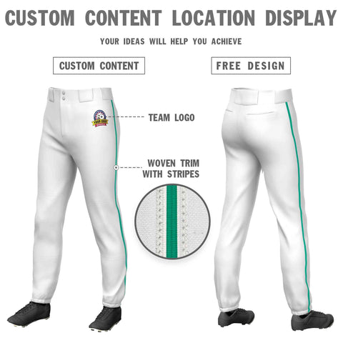 Custom White Teal Classic Fit Stretch Practice Pull-up Baseball Pants