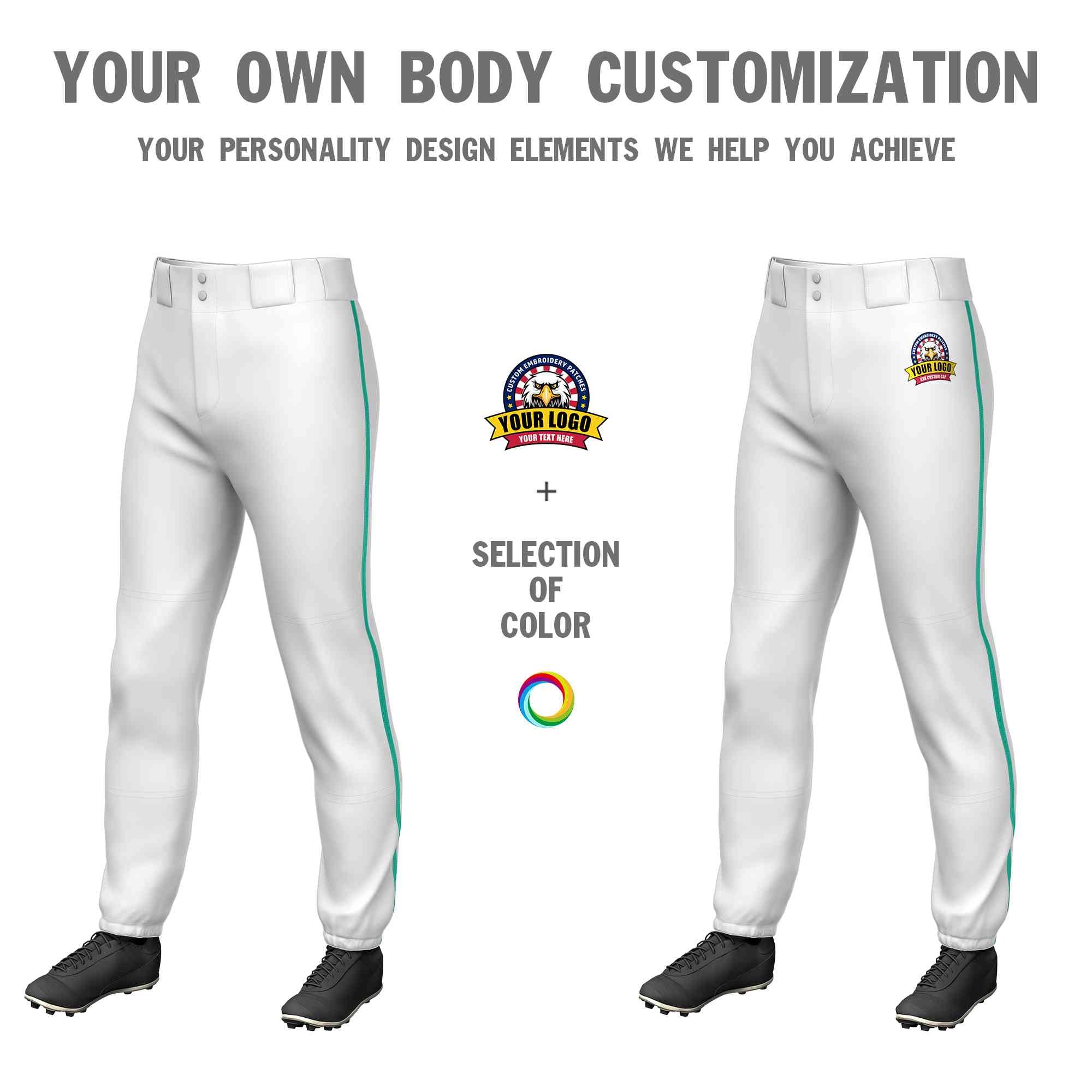 Custom White Teal Classic Fit Stretch Practice Pull-up Baseball Pants