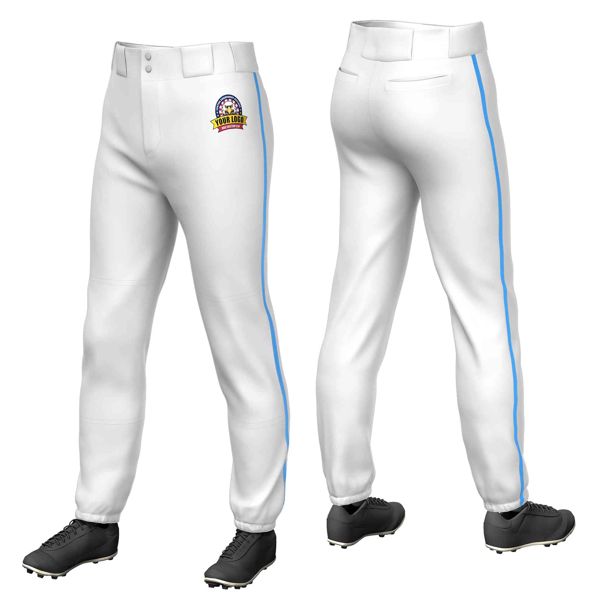 Custom White Powder Blue Classic Fit Stretch Practice Pull-up Baseball Pants