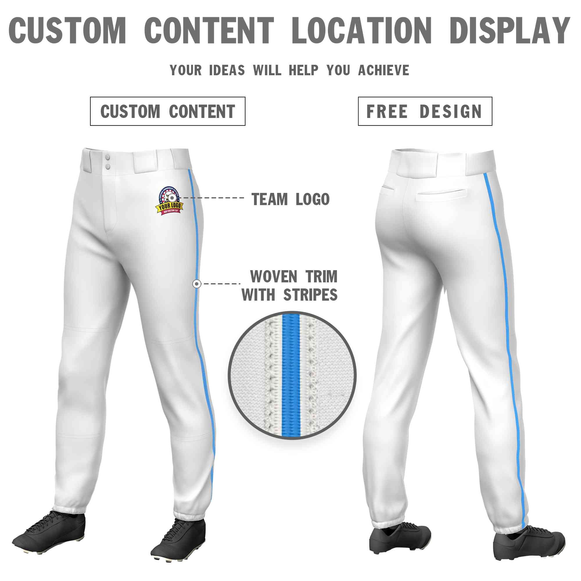 Custom White Powder Blue Classic Fit Stretch Practice Pull-up Baseball Pants