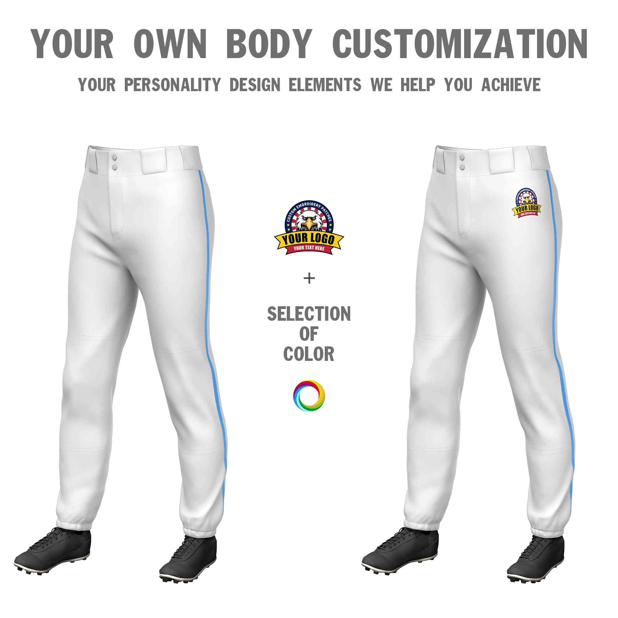 Custom White Powder Blue Classic Fit Stretch Practice Pull-up Baseball Pants