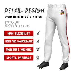 Custom White Red Classic Fit Stretch Practice Pull-up Baseball Pants