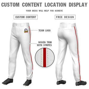 Custom White Red Classic Fit Stretch Practice Pull-up Baseball Pants