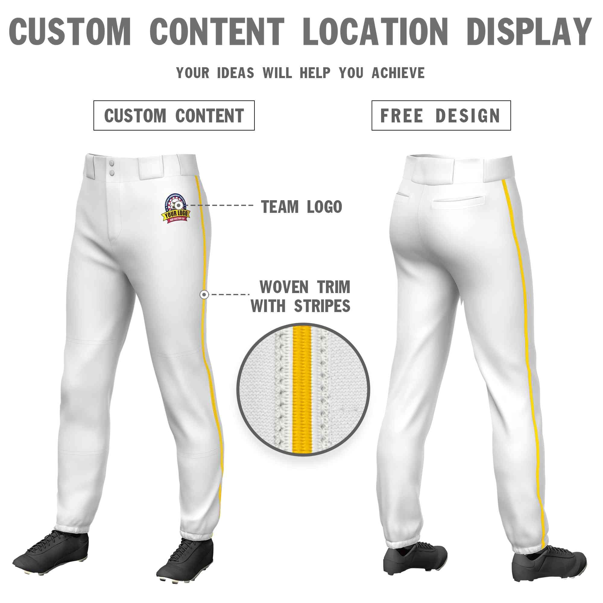 Custom White Gold Classic Fit Stretch Practice Pull-up Baseball Pants